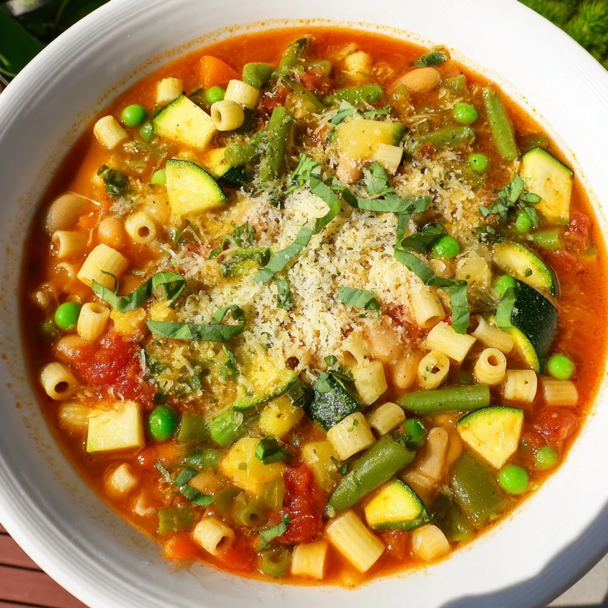 A steaming bowl of Spring Vegetable Minestrone Soup, garnished with fresh basil and grated Parmesan.  