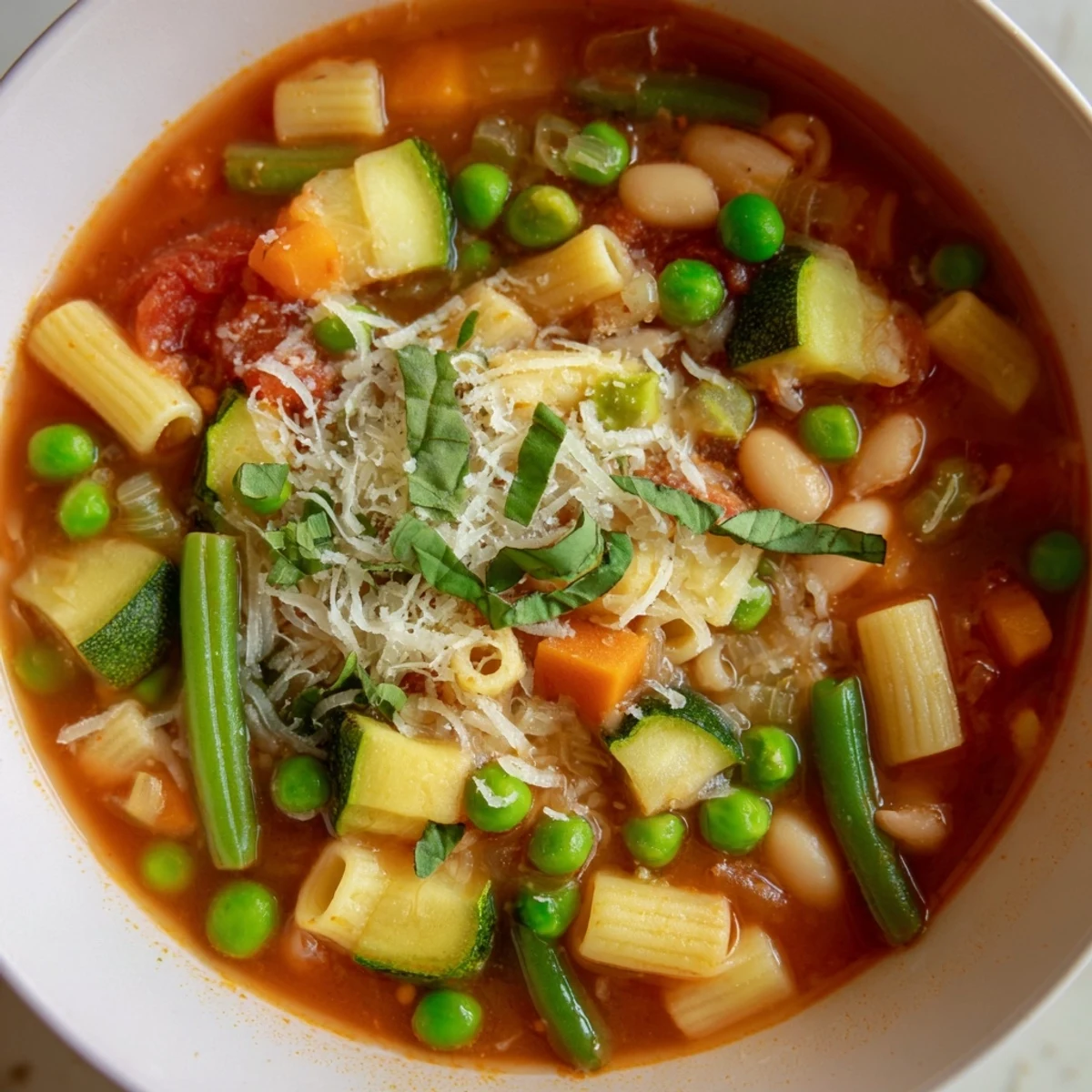 Hearty Spring Vegetable Minestrone Soup served hot with a side of crusty artisan bread for dipping.  