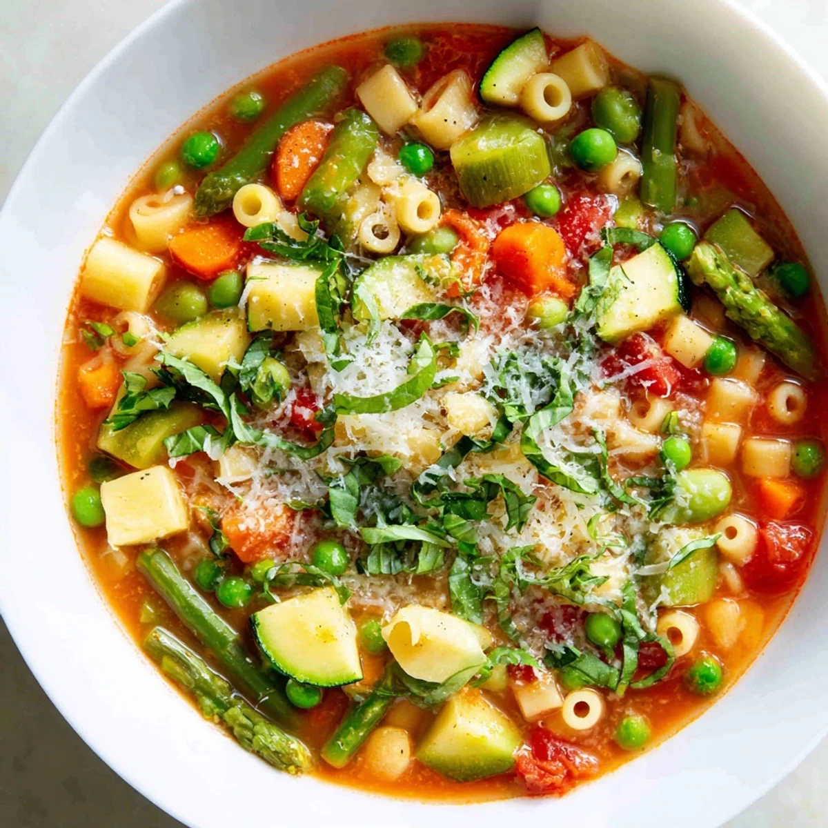 Close-up of Spring Vegetable Minestrone Soup highlighting tender peas, carrots, and pasta in savory broth.