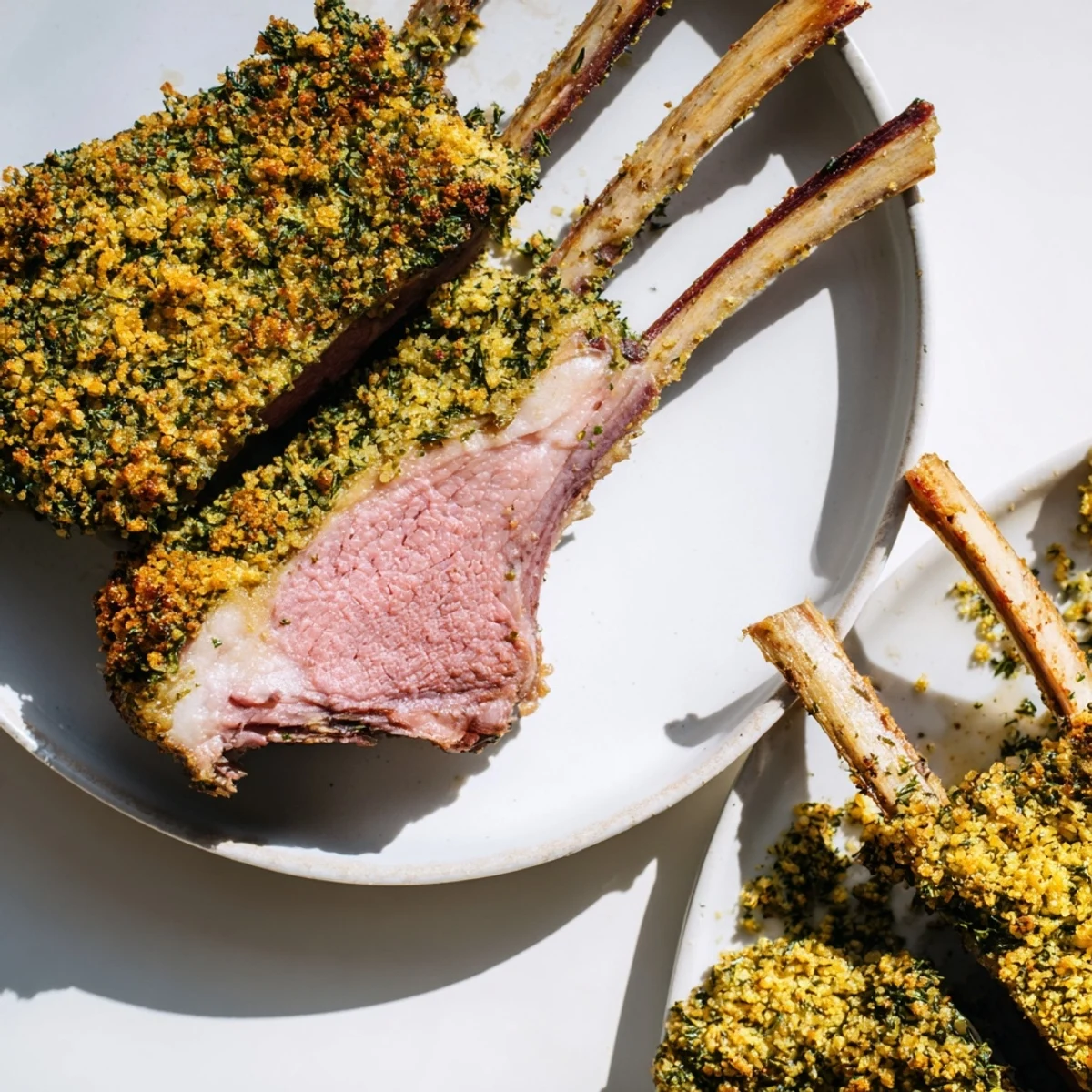 A close-up of roasted lamb rack with herb crust, golden breadcrumbs and rosemary sprigs garnishing the juicy chops.