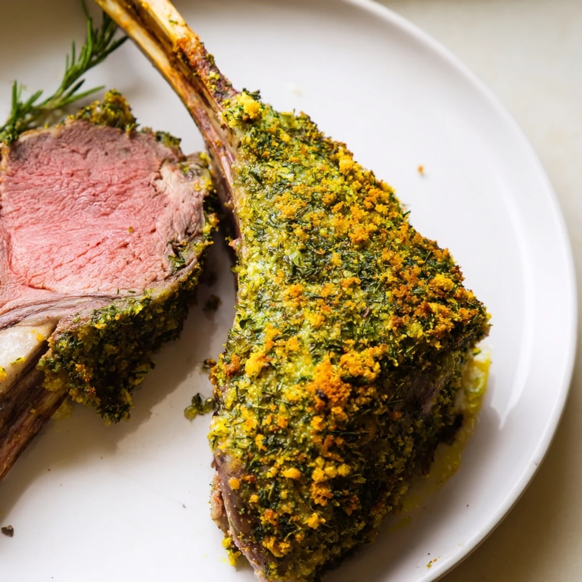 A rustic serving of roasted lamb rack with herb crust on a white plate, paired with roasted root vegetables.