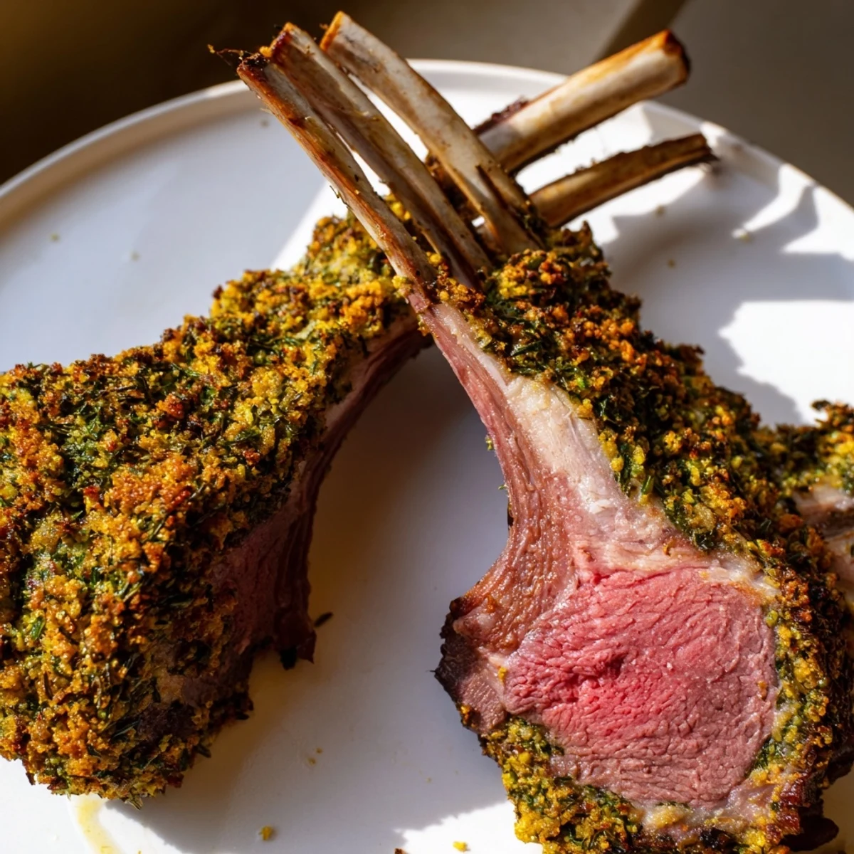 A perfectly sliced roasted lamb rack with herb crust, revealing tender pink meat and a fragrant, crispy topping.