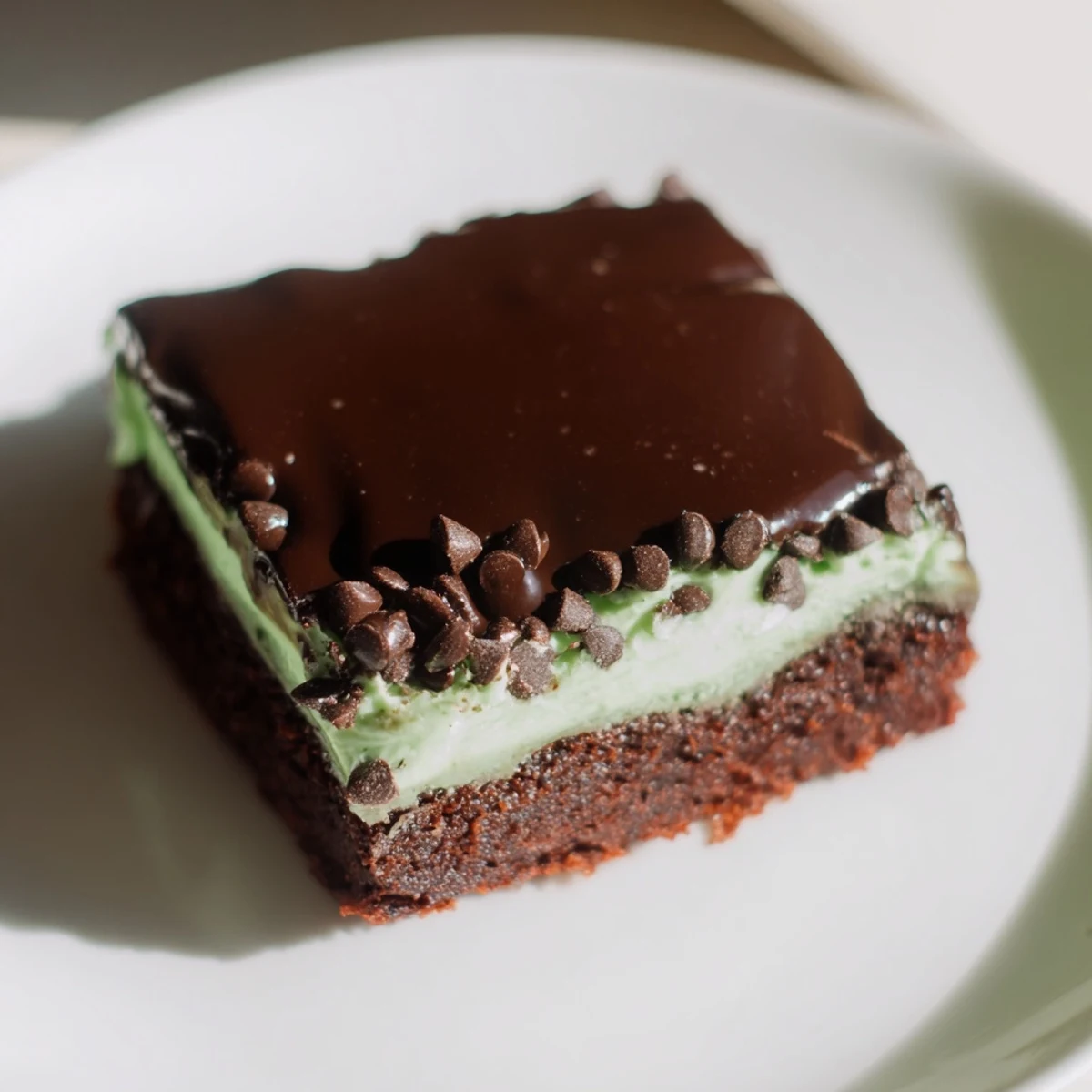 Fudgy Mint Chocolate Chip Brownies with a rich, glossy chocolate topping and a vibrant mint layer.