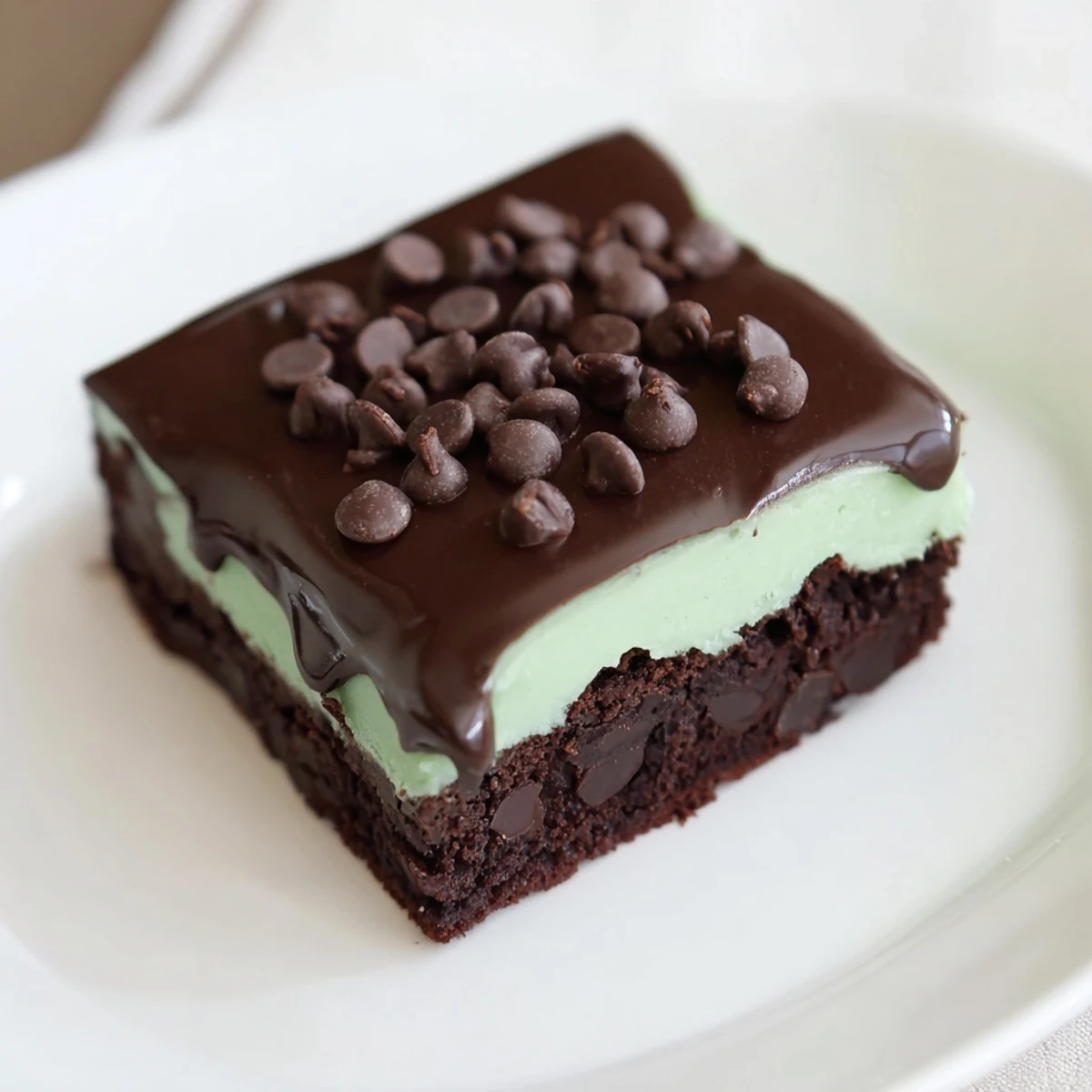 A close-up of stacked Mint Chocolate Chip Brownies, showing moist crumbs and melting chocolate chips.