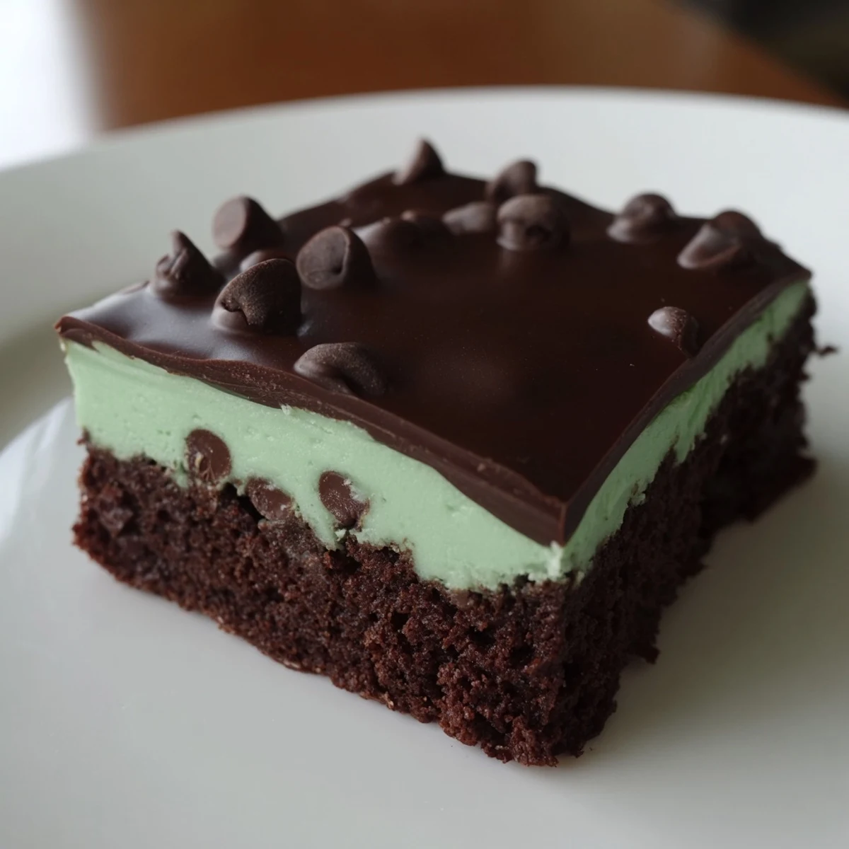 Cool mint green center and chocolate chips peek through these decadent Mint Chocolate Chip Brownies squares.