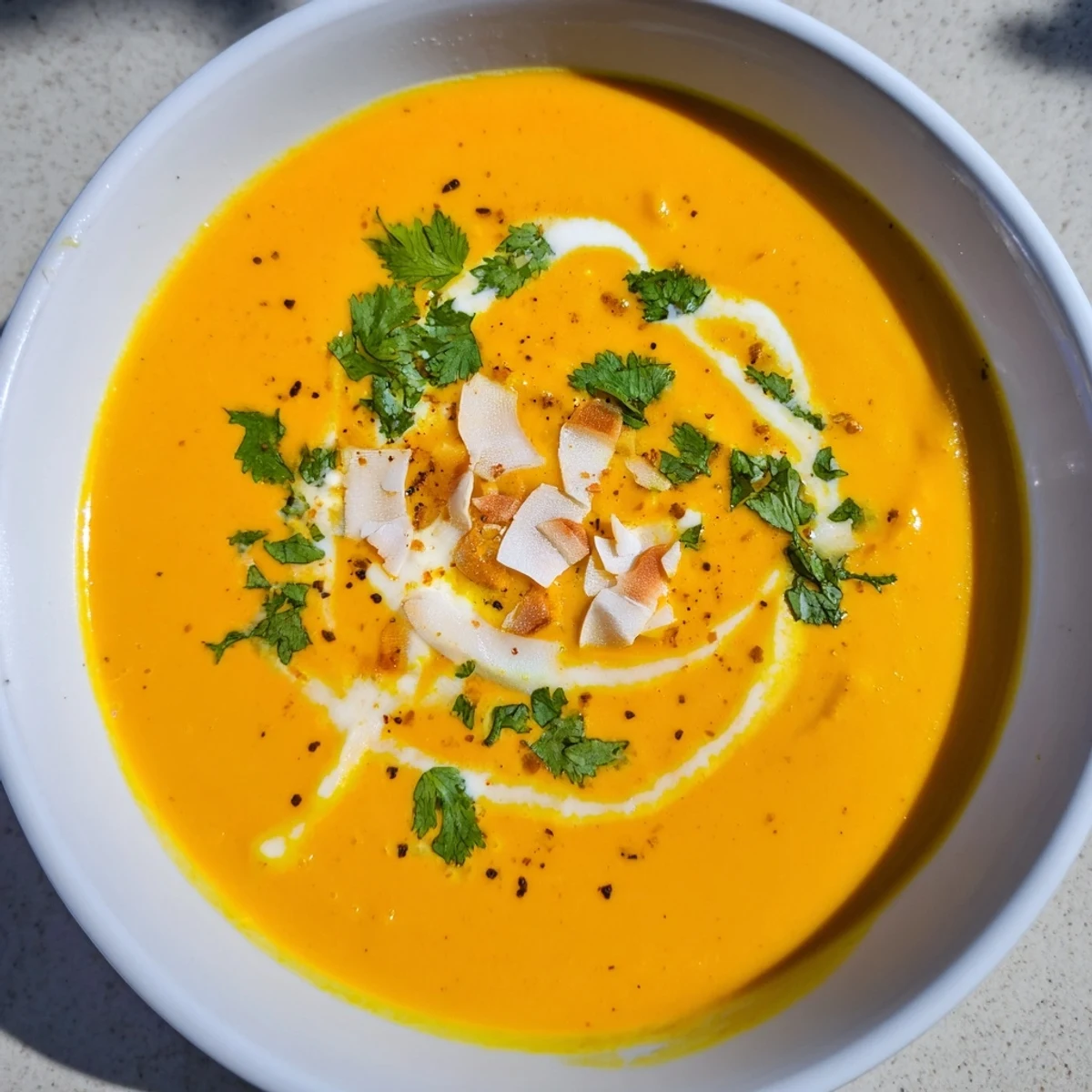 A bowl of creamy carrot and ginger soup with coconut milk, garnished with cilantro and toasted coconut flakes.