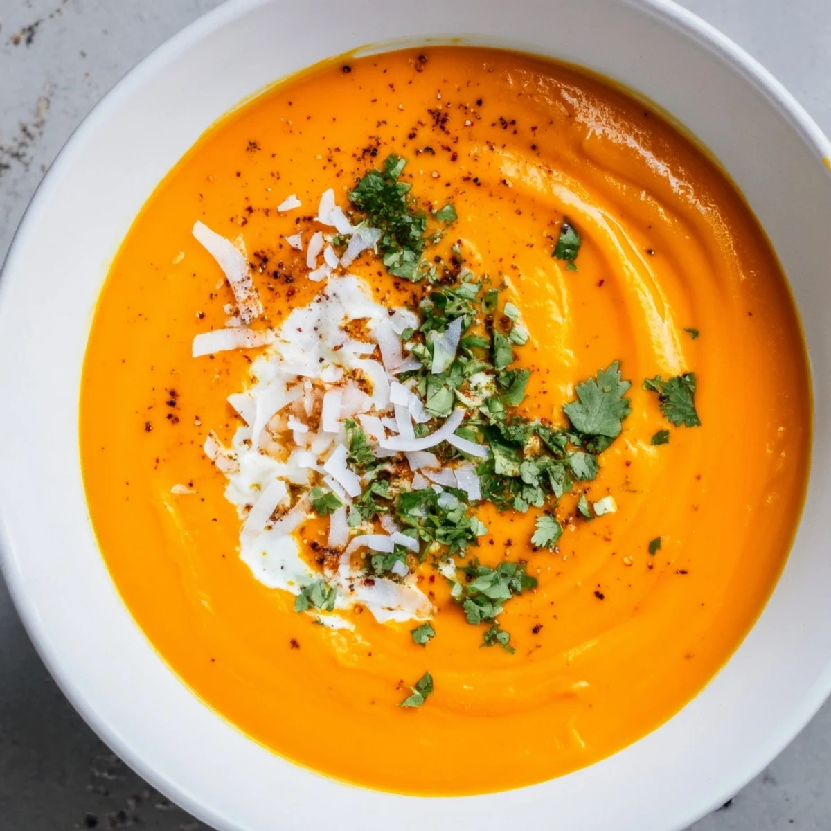 Steam rises from a vibrant orange carrot and ginger soup, served with a side of crusty bread for dipping.
