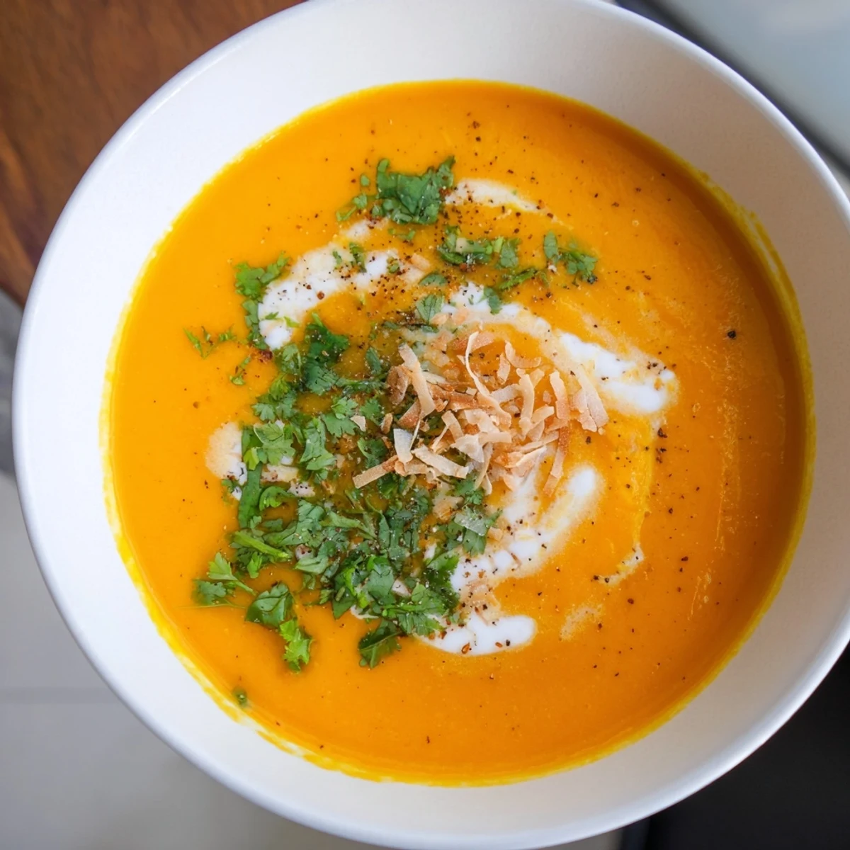 Close-up of velvety carrot and ginger soup with coconut milk, featuring a swirl of coconut and cracked black pepper.