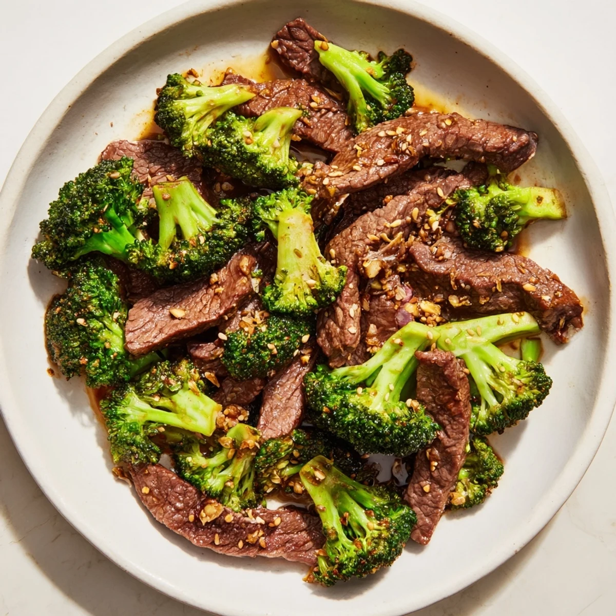 Bright green broccoli and seared beef mingle in a glossy ginger sauce, garnished with fresh green onions and sesame seeds.