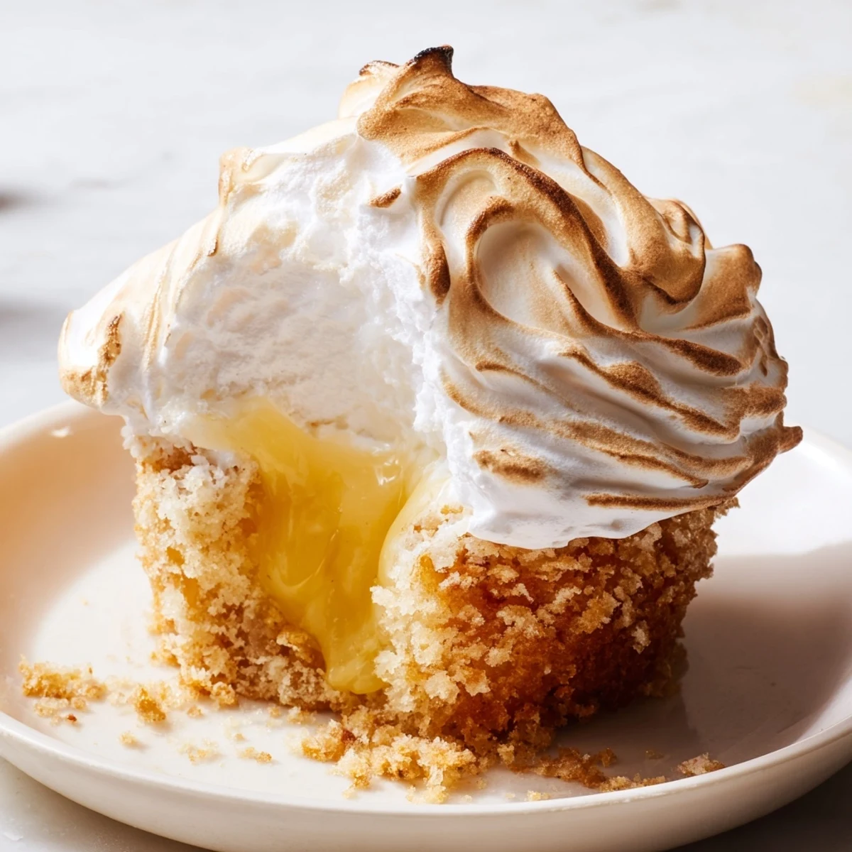 Golden Lemon Meringue Cupcakes with toasted meringue swirls on a rustic wooden table.