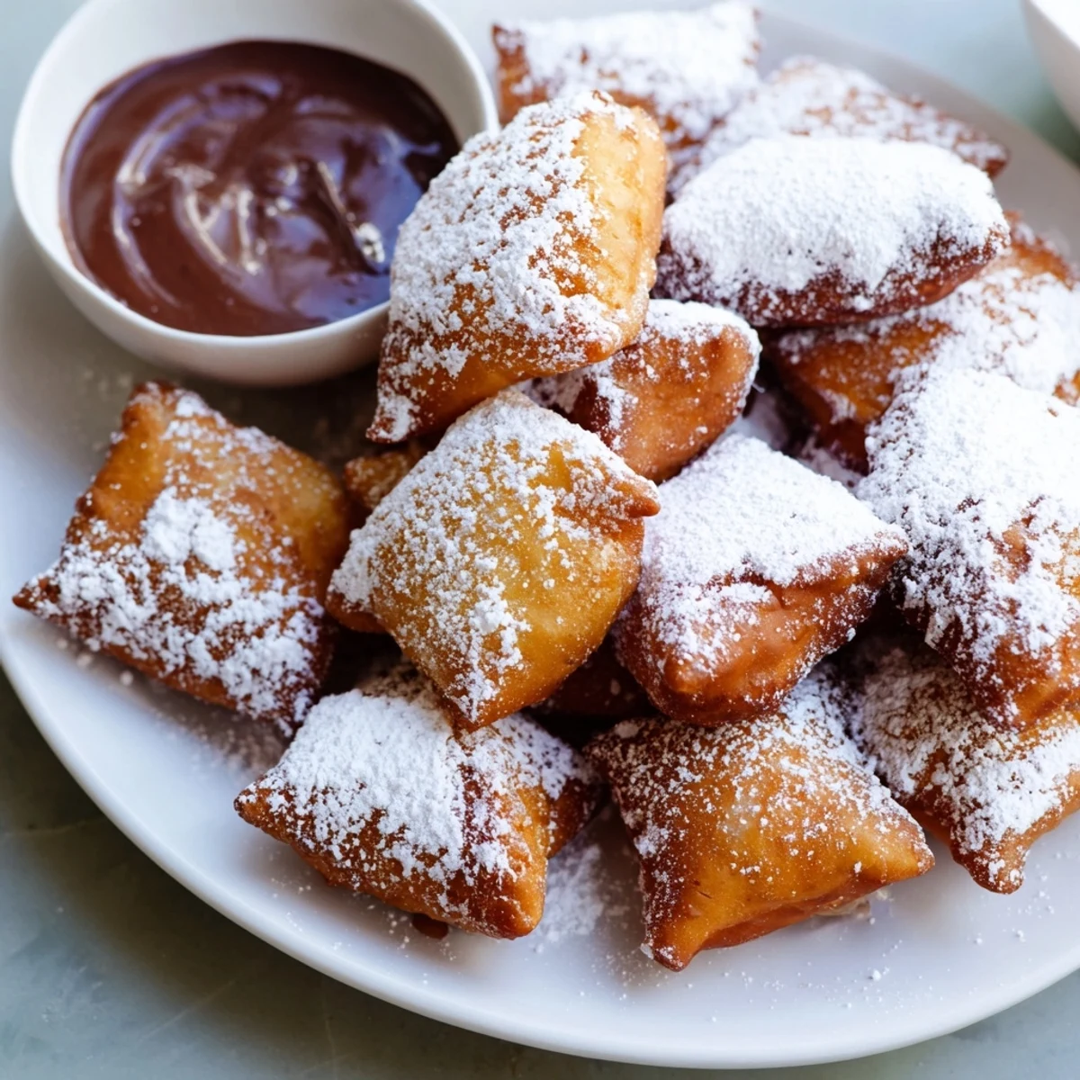 Golden, powdered sugar-dusted Mardi Gras beignets sit beside a cup of rich, silky chocolate sauce.  