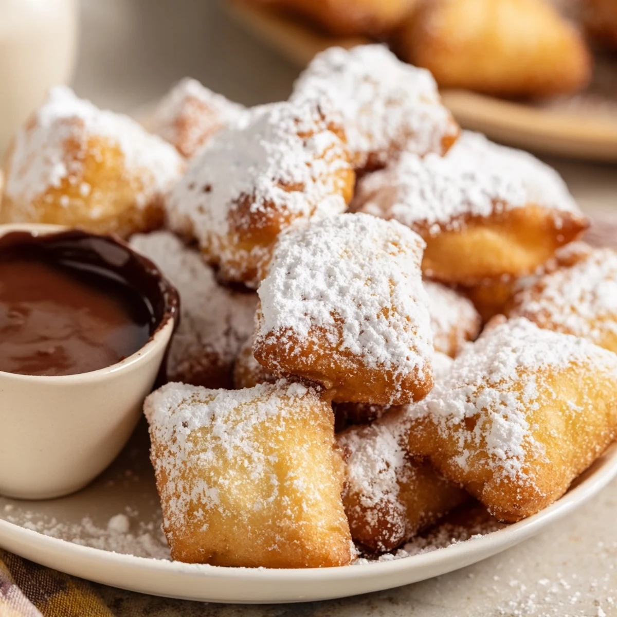 A stack of freshly fried Mardi Gras beignets drizzled with warm chocolate sauce on a festive table.  