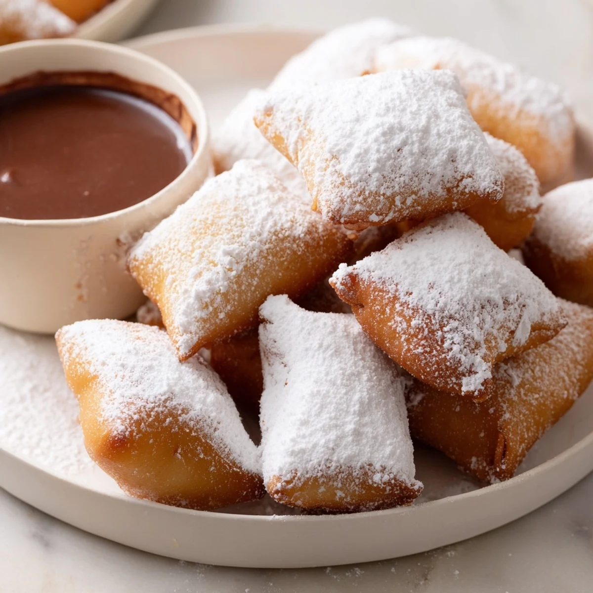 Freshly fried Mardi Gras beignets, lightly dusted with powdered sugar, paired with a cup of warm chocolate sauce.
