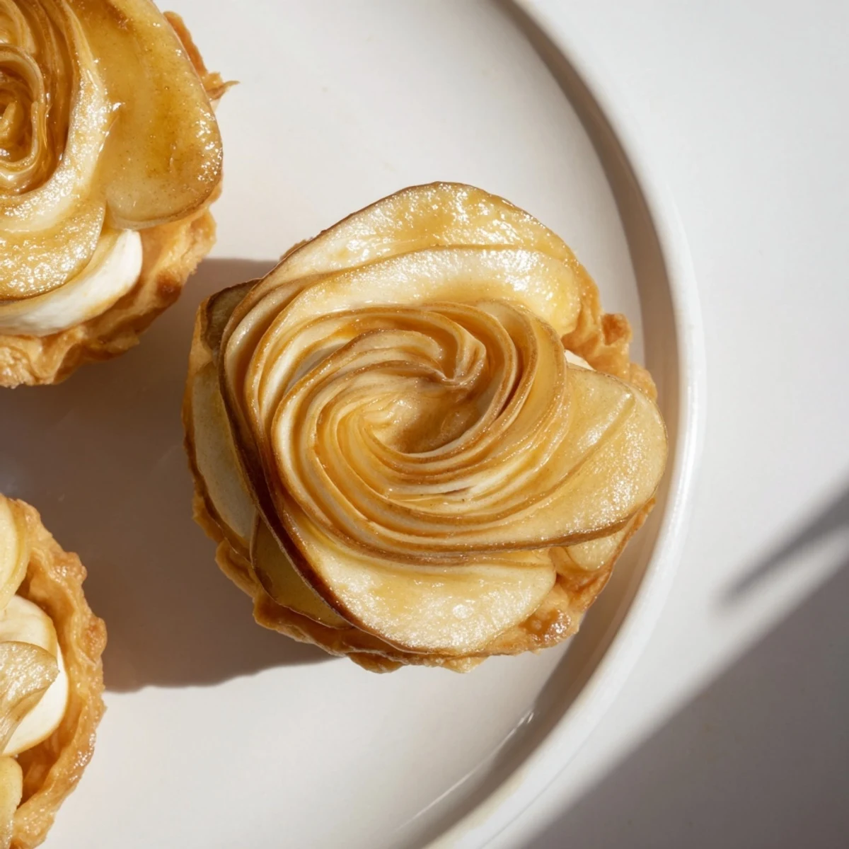 Overhead view of a whole Irish Apple Amber Tart on a linen tablecloth, surrounded by vintage silverware and a glass of milk.