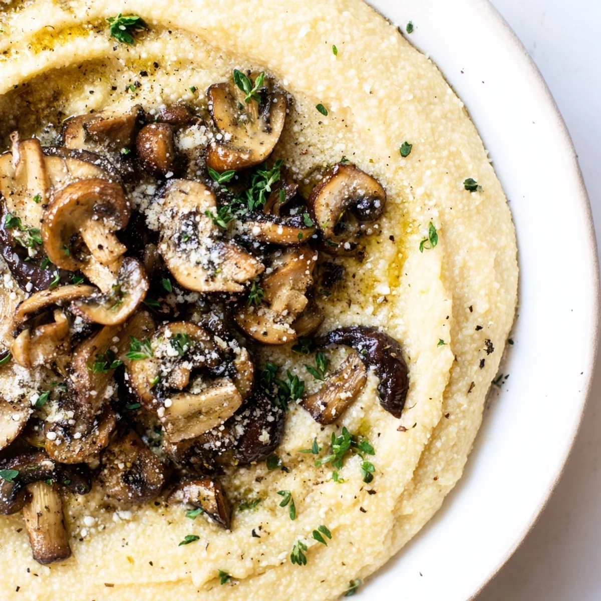 Creamy polenta in a white bowl, topped with golden roasted mushrooms, fresh thyme, and grated Parmesan cheese, perfect for a cozy dinner.  