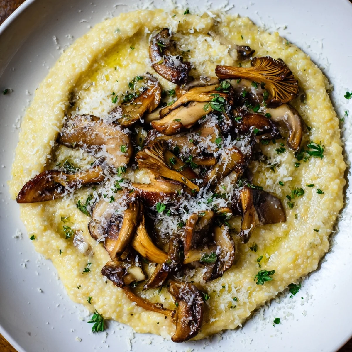 A close-up of creamy polenta with glossy roasted mushrooms, finished with parsley and Parmesan, ideal as a comforting vegetarian main dish.  