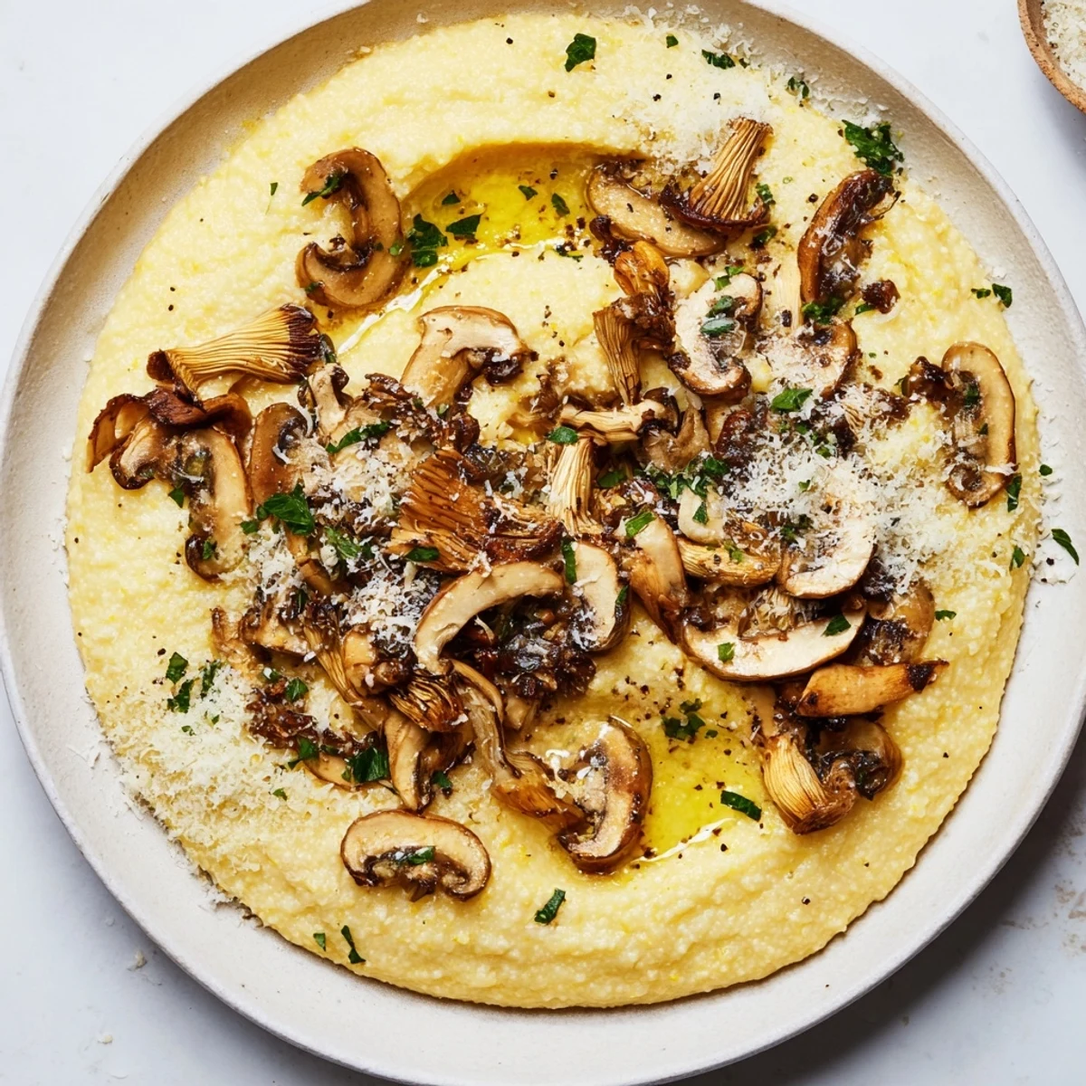 Golden roasted mushrooms over a bed of velvety creamy polenta, garnished with fresh parsley, ready to serve with a glass of red wine.