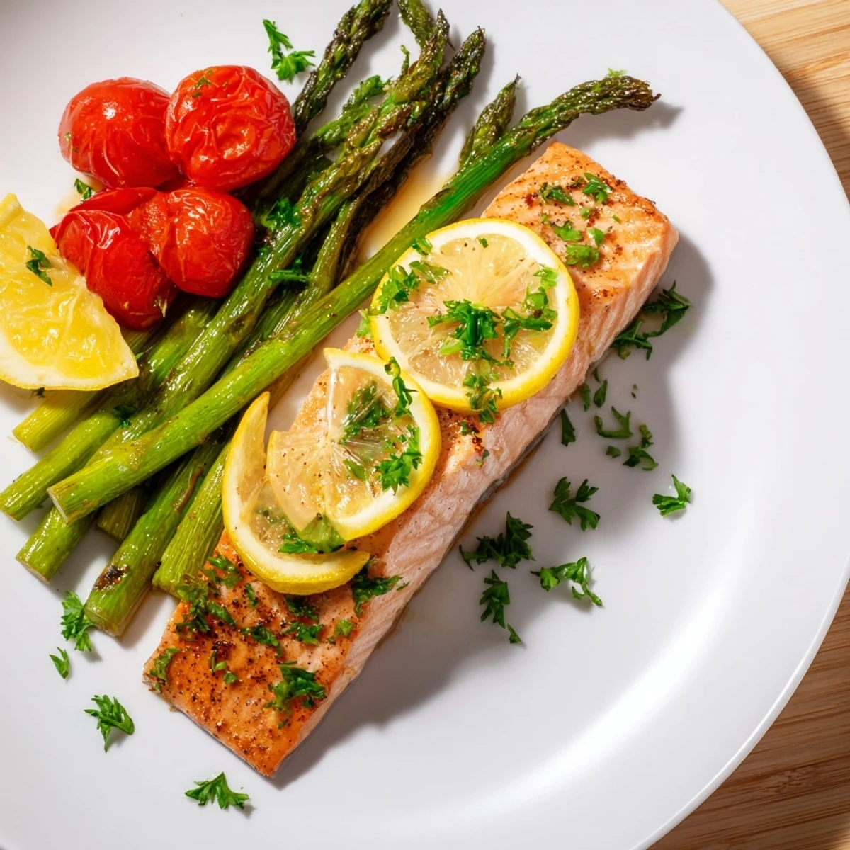 Golden-brown salmon fillets rest alongside roasted asparagus spears and blistered cherry tomatoes on a sheet pan, garnished with fresh parsley and lemon wedges.