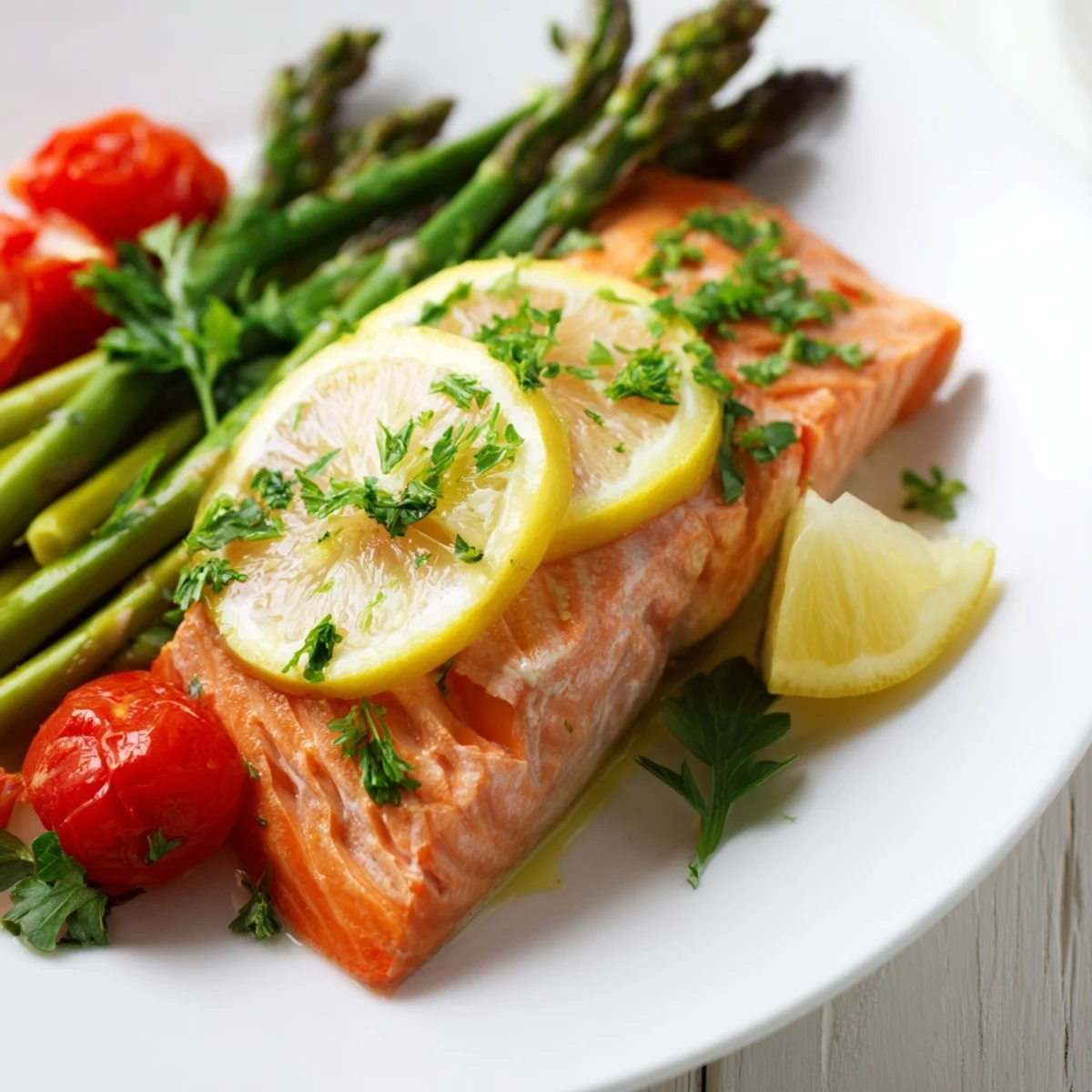 Freshly roasted Sheet Pan Salmon with Asparagus and Tomatoes showcases tender, flaky fish, vibrant green veggies, and juicy tomatoes, perfect for a healthy weeknight dinner.