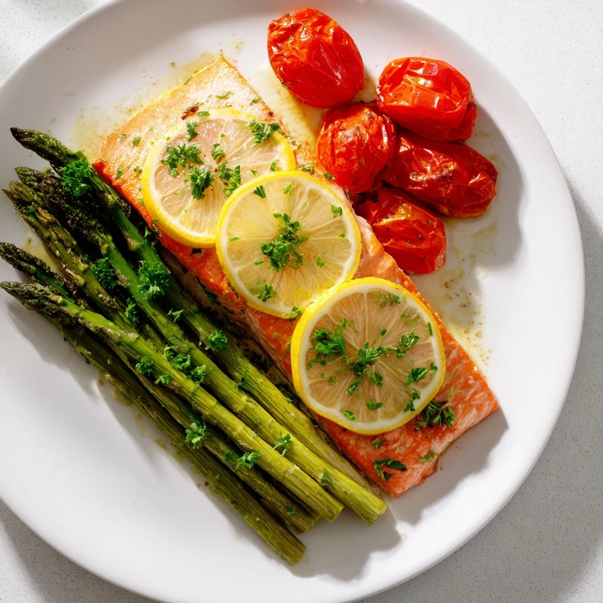 A close-up of a delicious Sheet Pan Salmon with Asparagus and Tomatoes, featuring zesty lemon herb marinade glistening on the perfectly cooked ingredients.