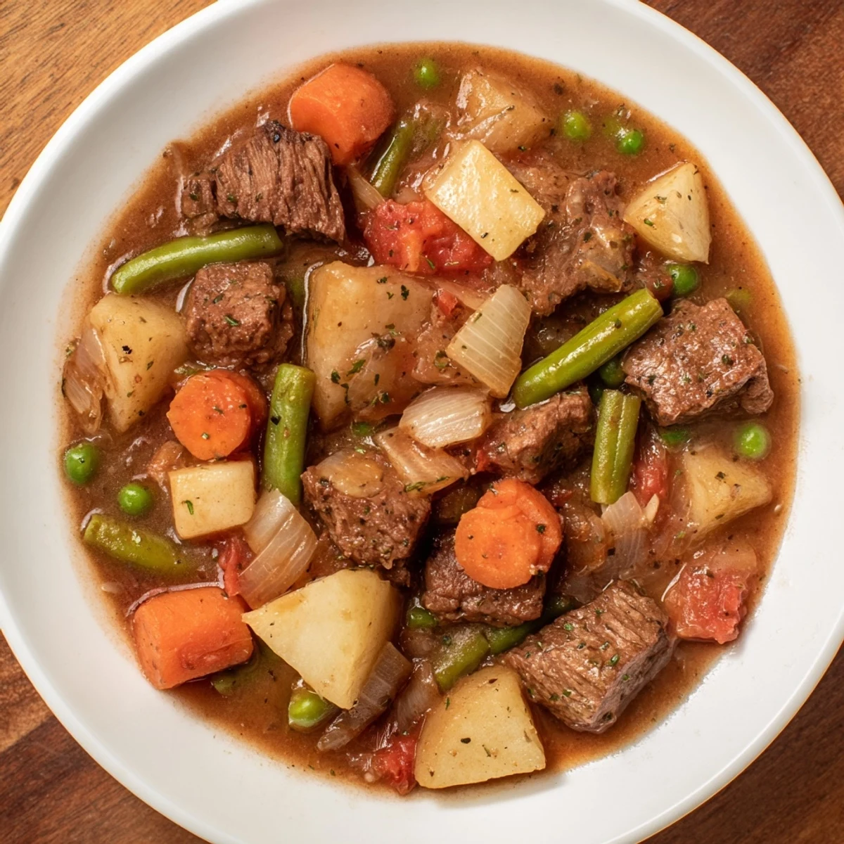 Steaming bowl of Beef Vegetable Soup with Potatoes, featuring tender beef cubes and colorful vegetables in a rich broth.
