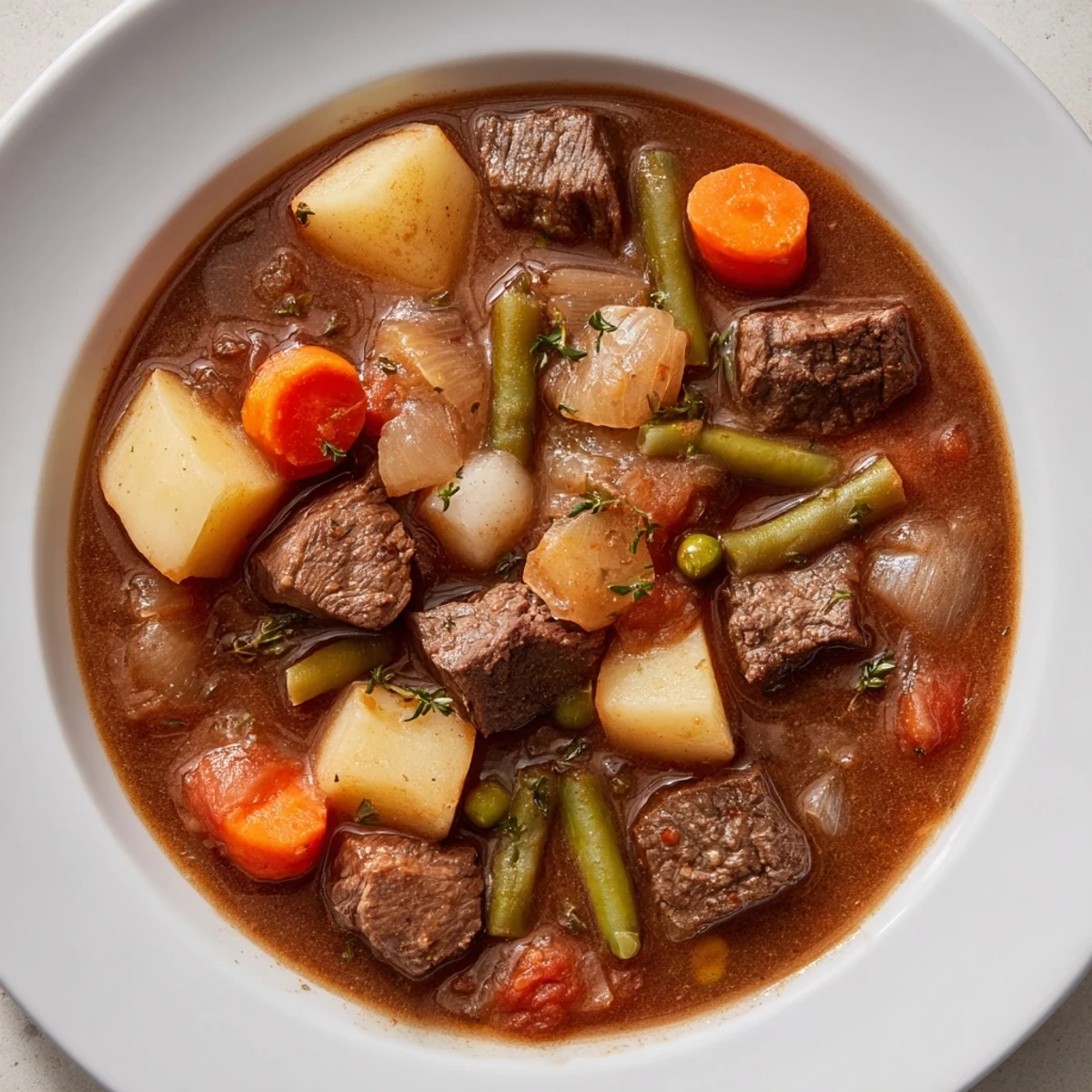 Hearty ladleful of Beef Vegetable Soup with Potatoes, chunky potatoes and carrots swimming in savory broth next to crusty bread.