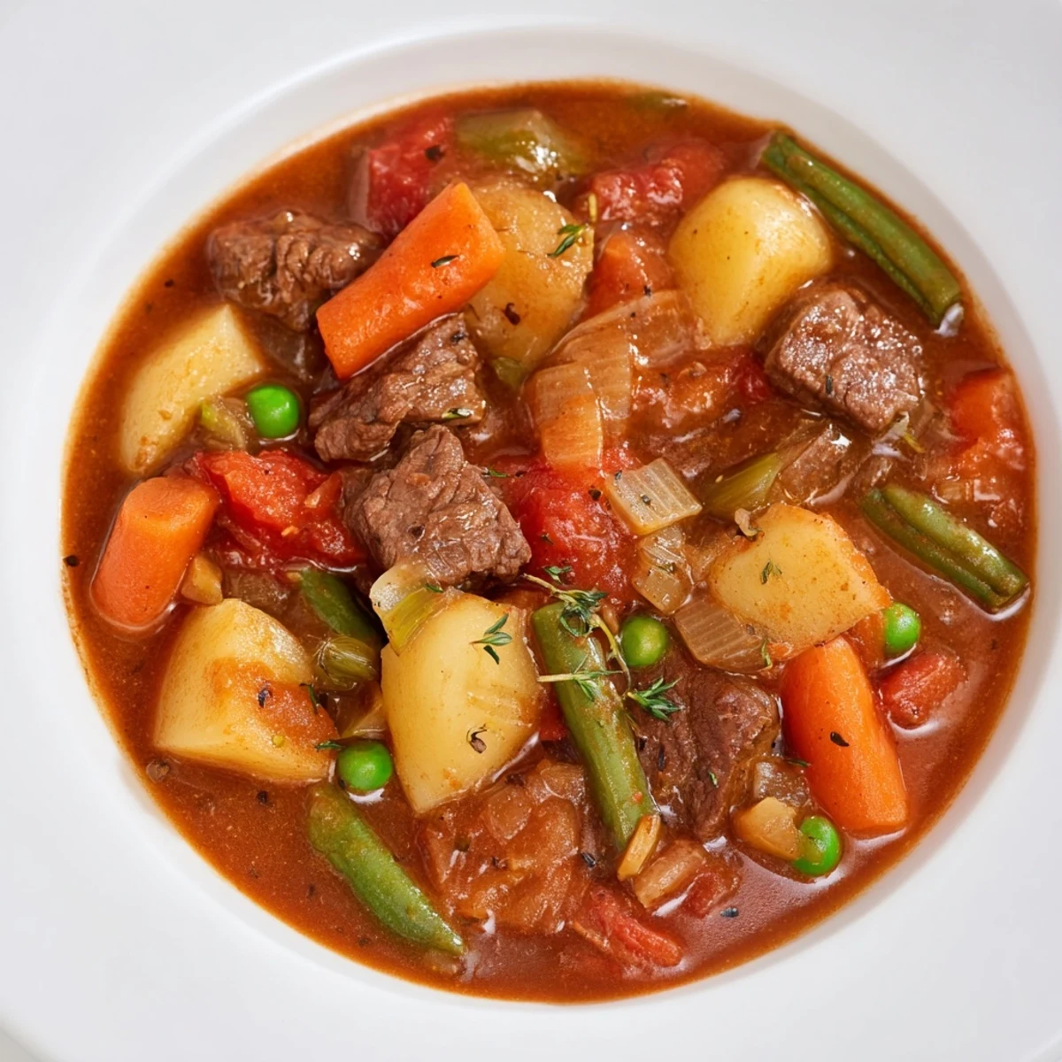 Comforting Beef Vegetable Soup with Potatoes, showcasing soft beef, diced potatoes, and peas in a warm, fragrant American-style broth.