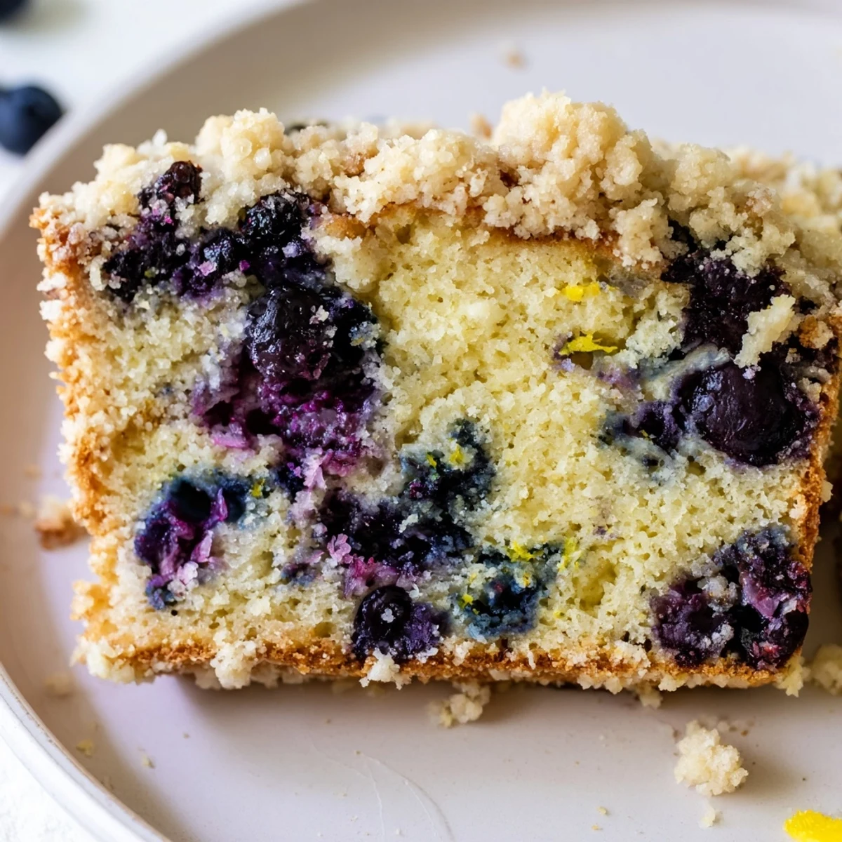 Freshly baked Lemon Blueberry Bread with Streusel Topping on a rustic wooden cutting board, showing juicy blueberries and golden crumbs.  