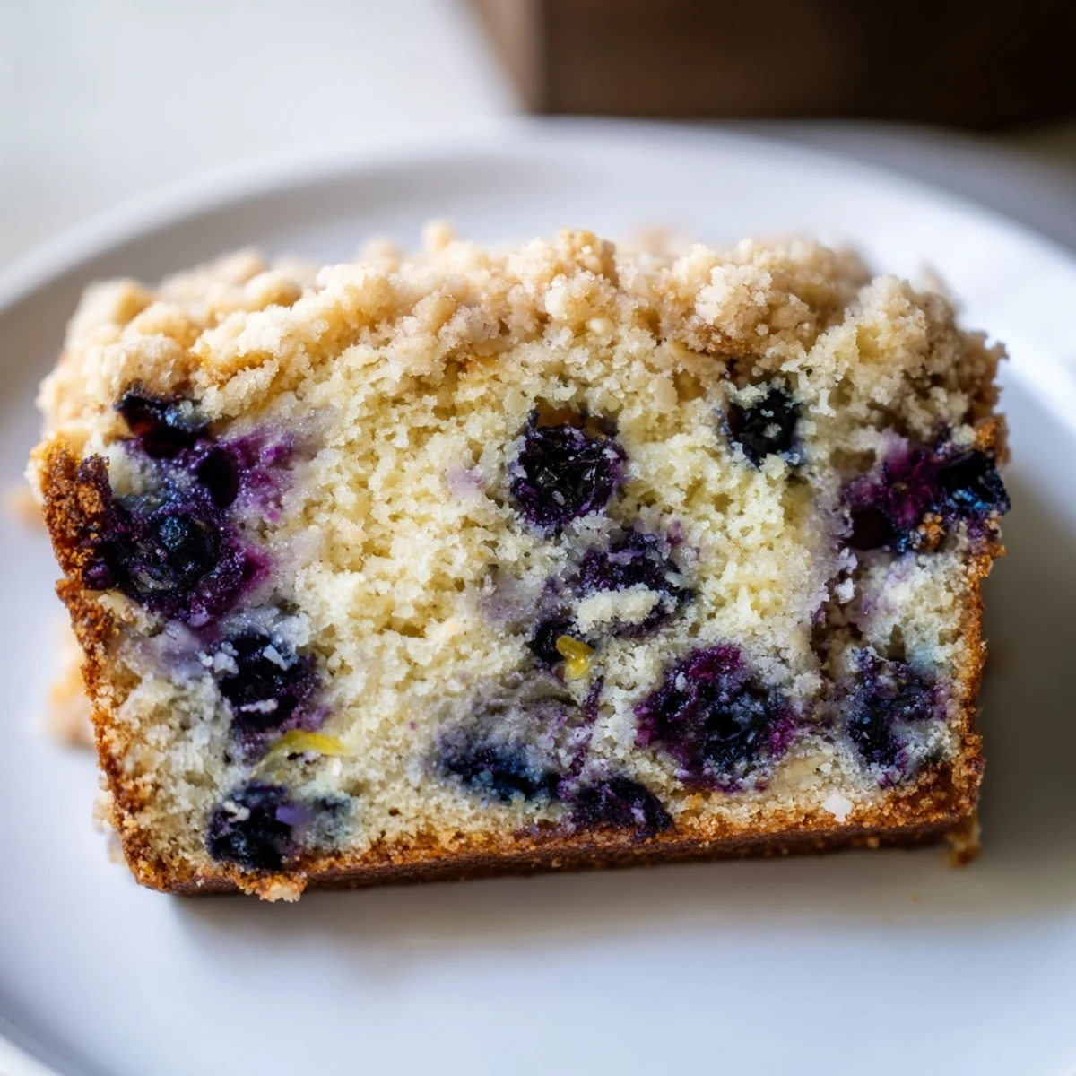 A slice of Lemon Blueberry Bread with Streusel Topping reveals a moist crumb studded with plump blueberries and bright lemon zest.  