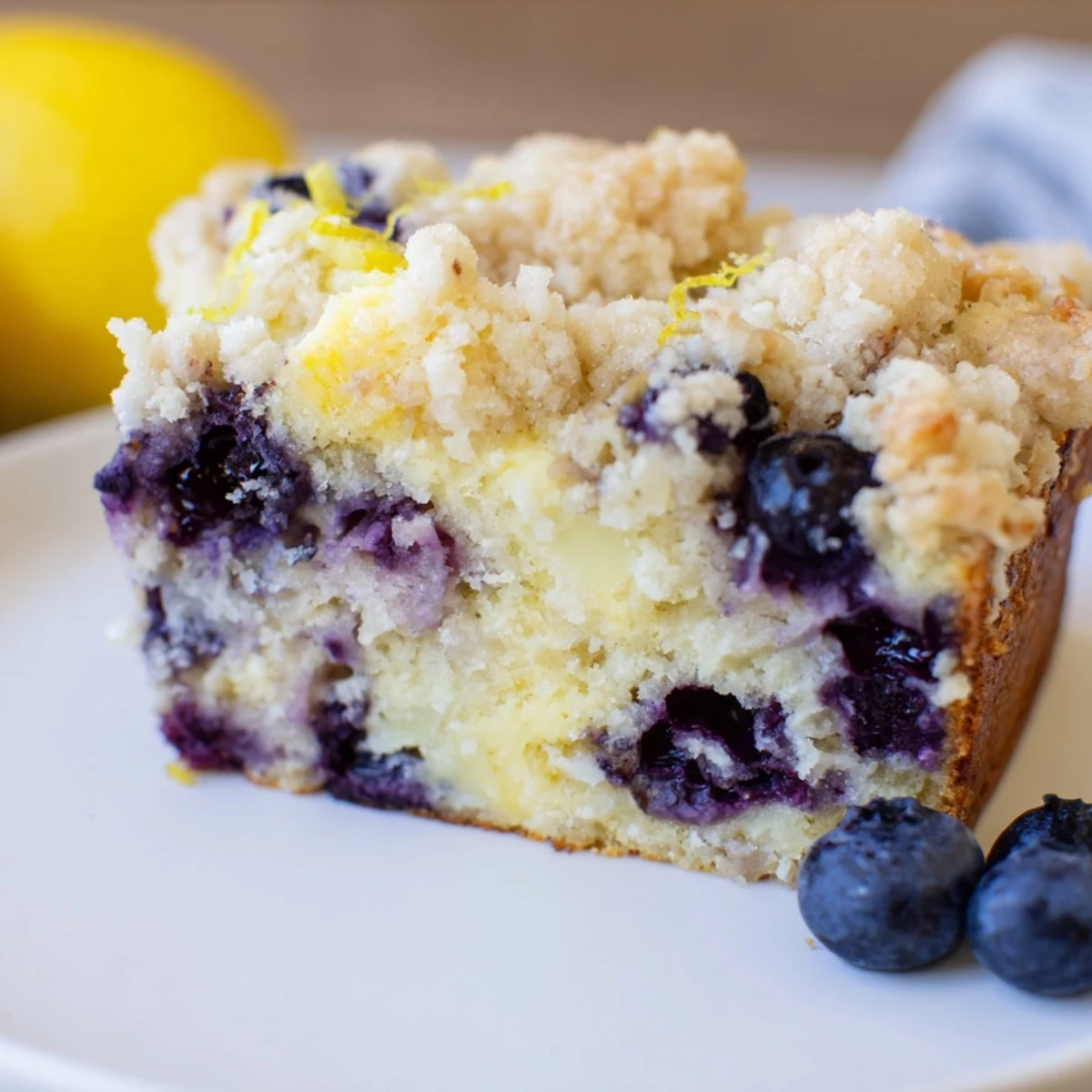 Close-up of Lemon Blueberry Bread with Streusel Topping highlighting the crunchy, buttery topping and fresh berry pockets in each slice.