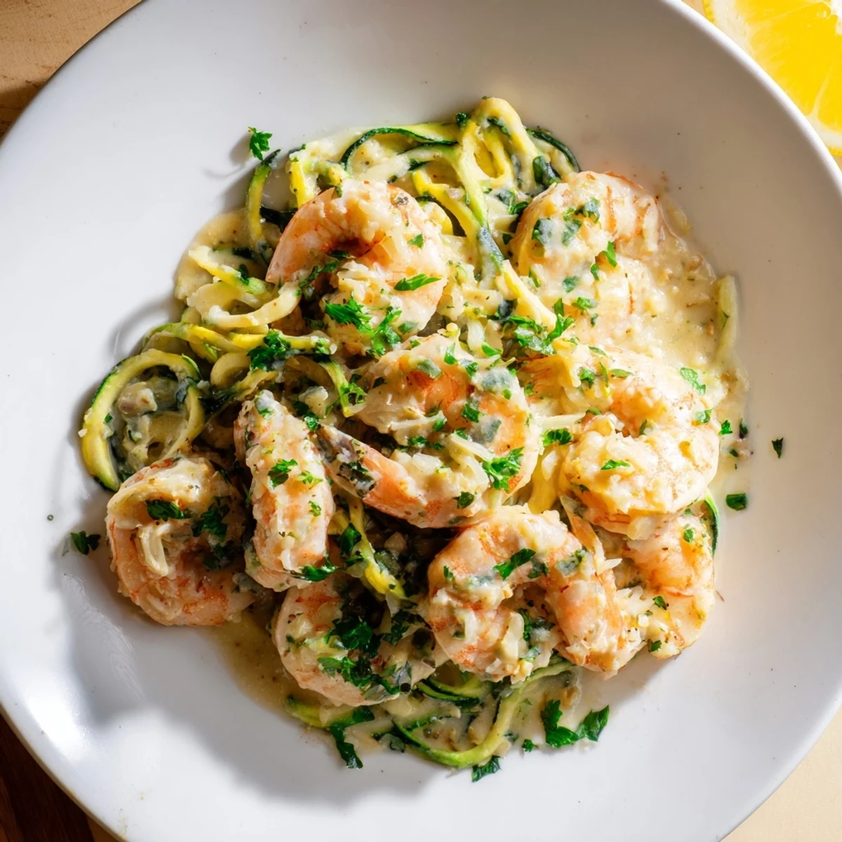 Creamy Garlic Shrimp with Zucchini Noodles served in a skillet garnished with fresh parsley and lemon wedges.