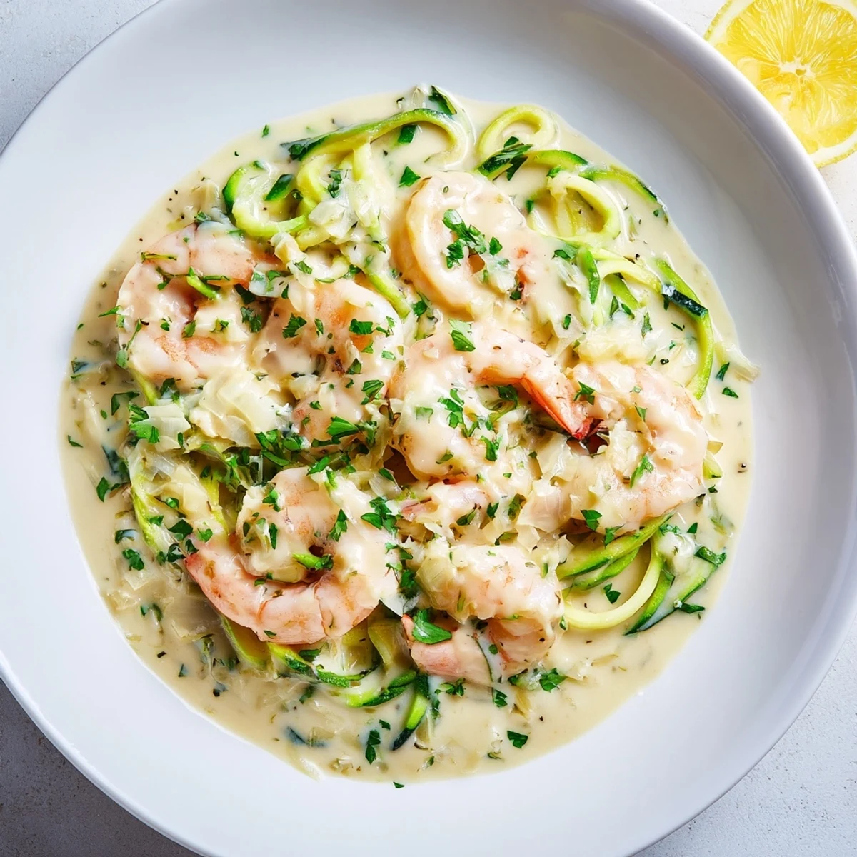 Succulent shrimp in a rich garlic cream sauce tossed with tender zucchini noodles in a white bowl.