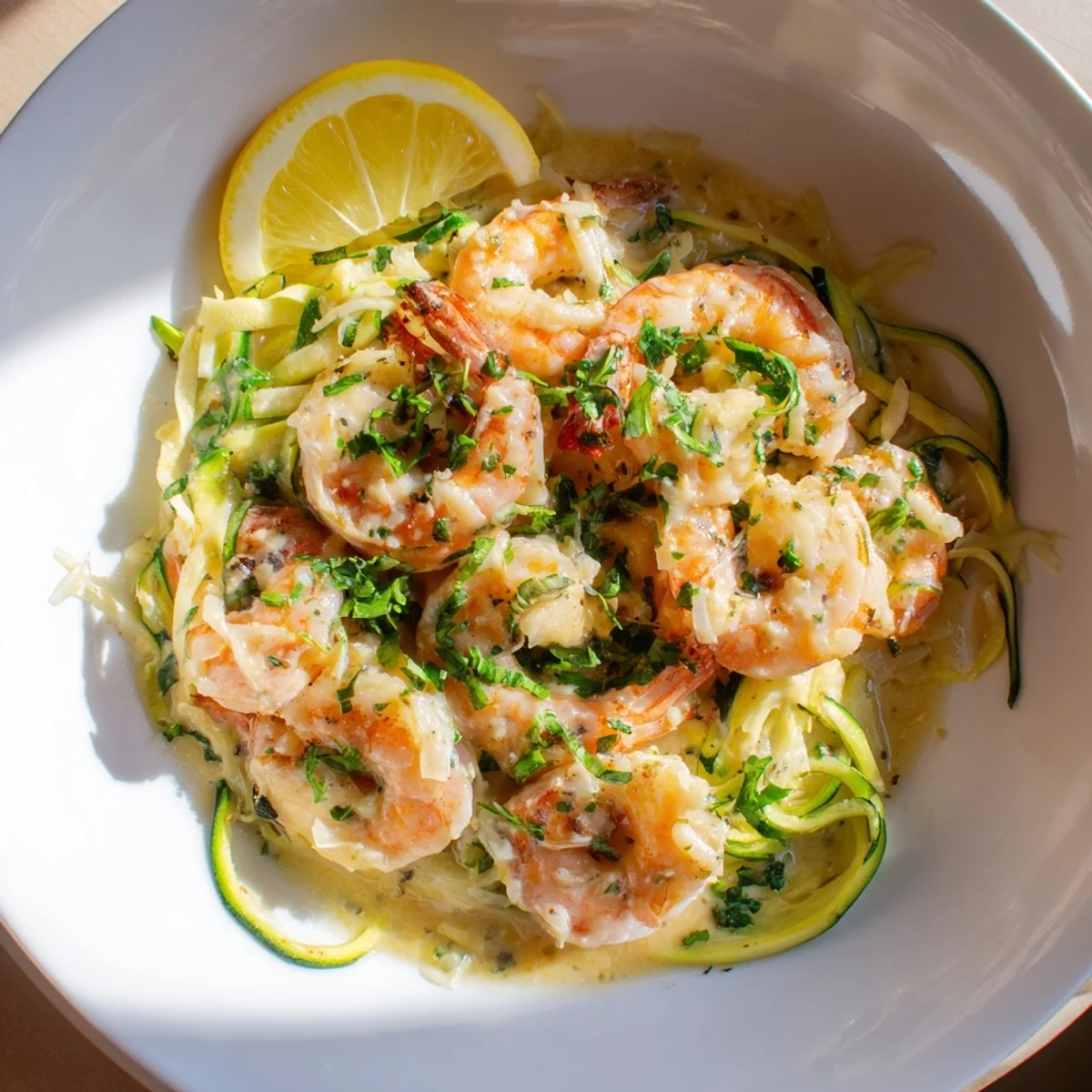Close-up of Creamy Garlic Shrimp with Zucchini Noodles topped with grated Parmesan and a drizzle of olive oil.
