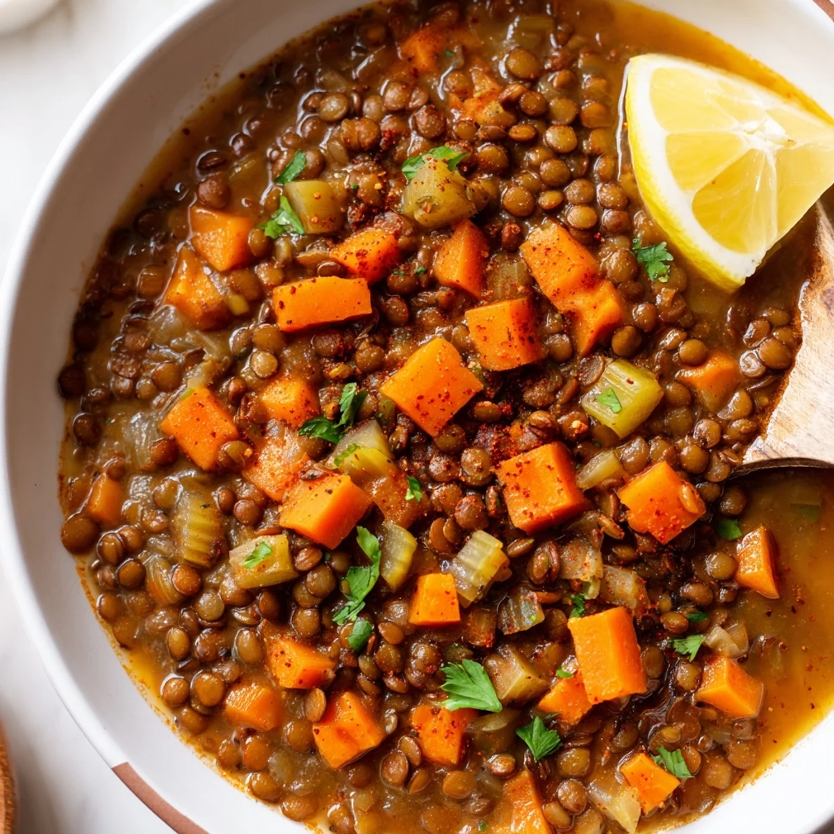 Steaming bowl of Spicy Lentil Soup with Carrots and Celery, garnished with fresh cilantro and lemon wedges.