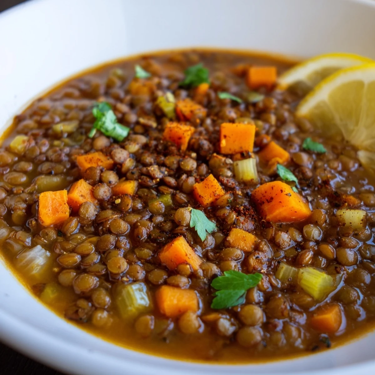 A close-up of hearty Spicy Lentil Soup with Carrots and Celery, revealing tender lentils and vibrant vegetables.