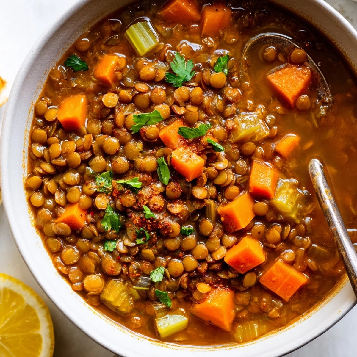 Spicy Lentil Soup with Carrots and Celery served in a rustic bowl with a slice of crusty bread.