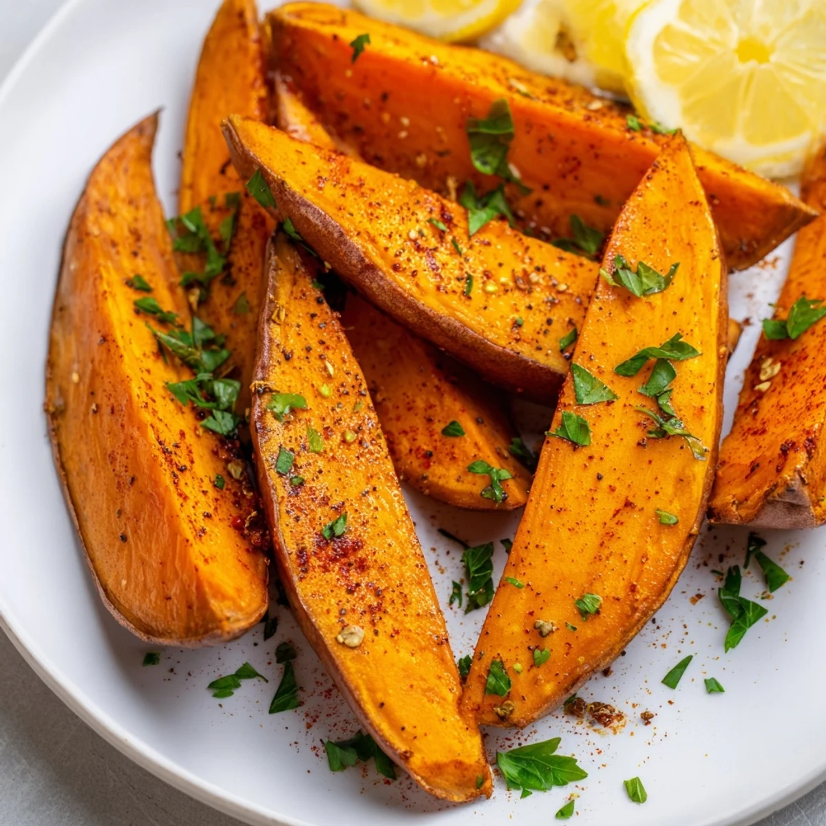 Close-up of crispy Roasted Sweet Potato Wedges with Paprika, showing tender orange interiors and smoky spice seasoning, perfect for a healthy gluten-free snack.