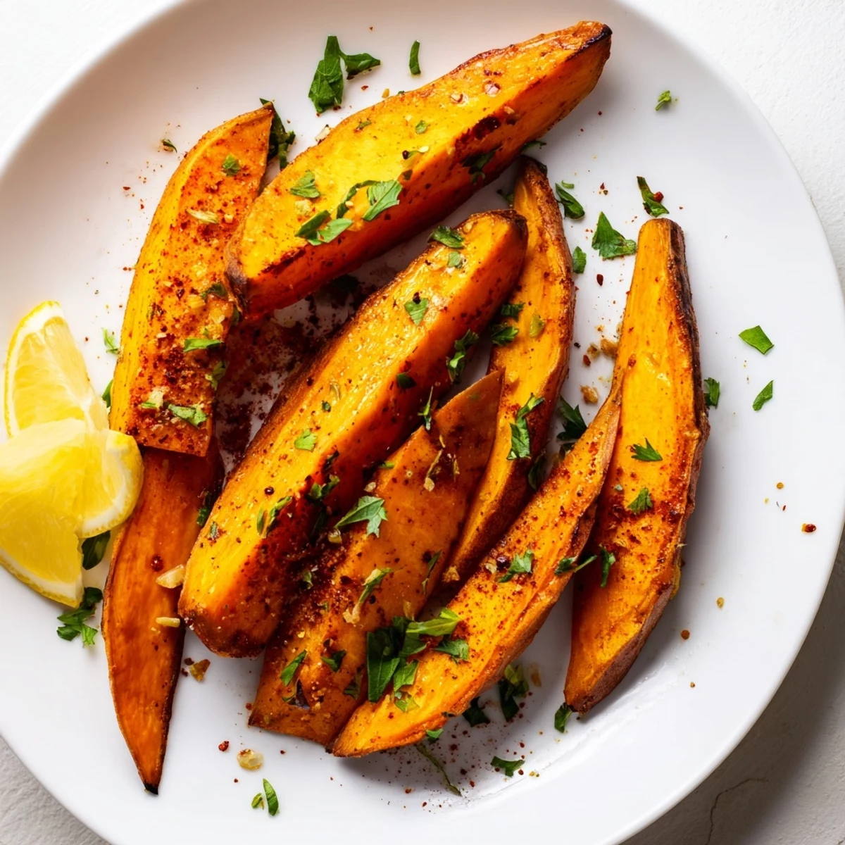 Golden-brown Roasted Sweet Potato Wedges with Paprika sizzling on a baking sheet, garnished with fresh parsley and lemon wedges for a vibrant American side dish.