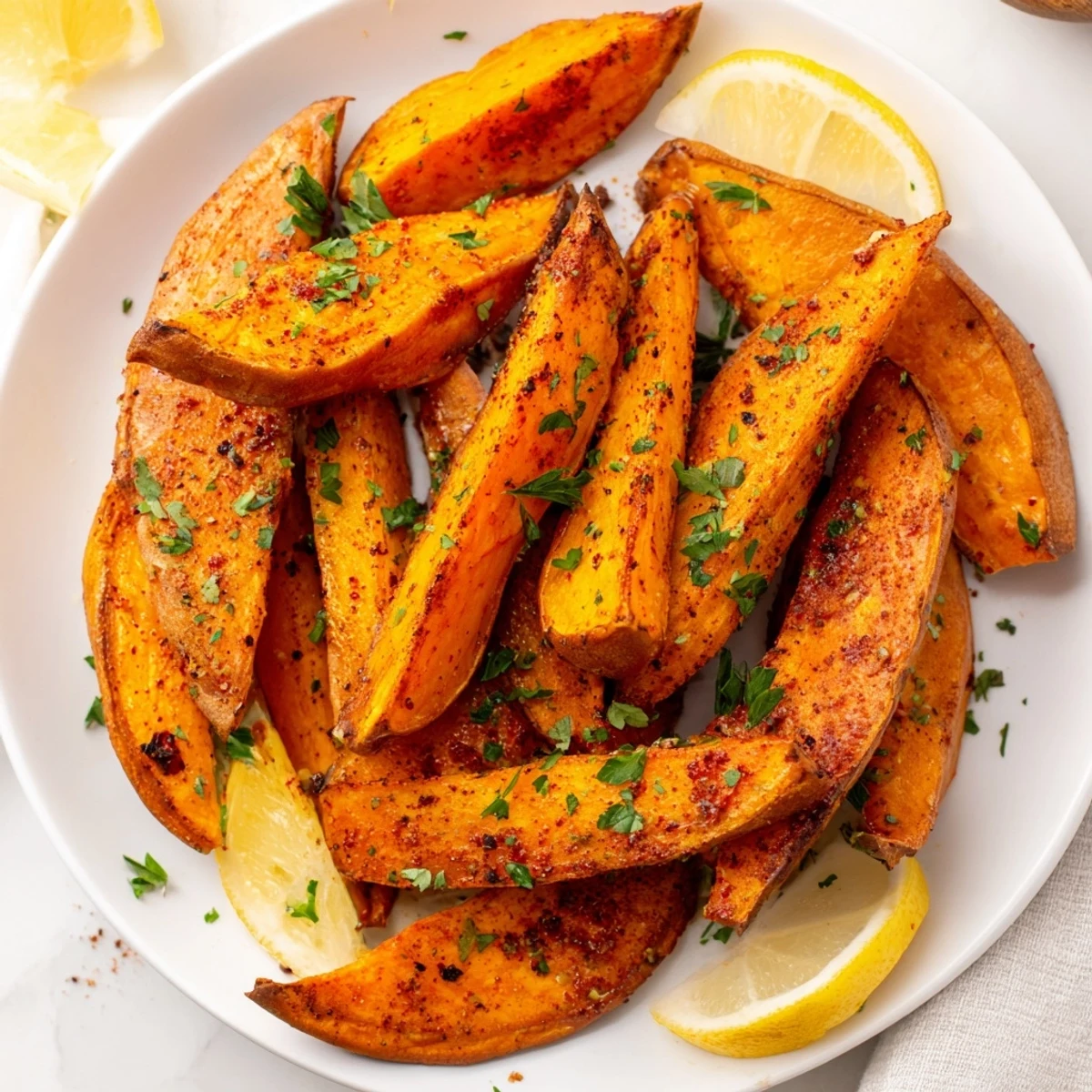 Platter of freshly roasted sweet potato wedges with paprika, served alongside a creamy dip and extra lemon wedges for a family-style appetizer.