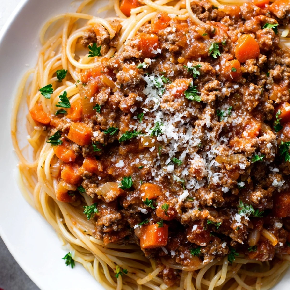 A close-up of classic Beef Bolognese with Spaghetti, highlighting rich sauce clinging to al dente noodles and a sprinkle of Parmesan.