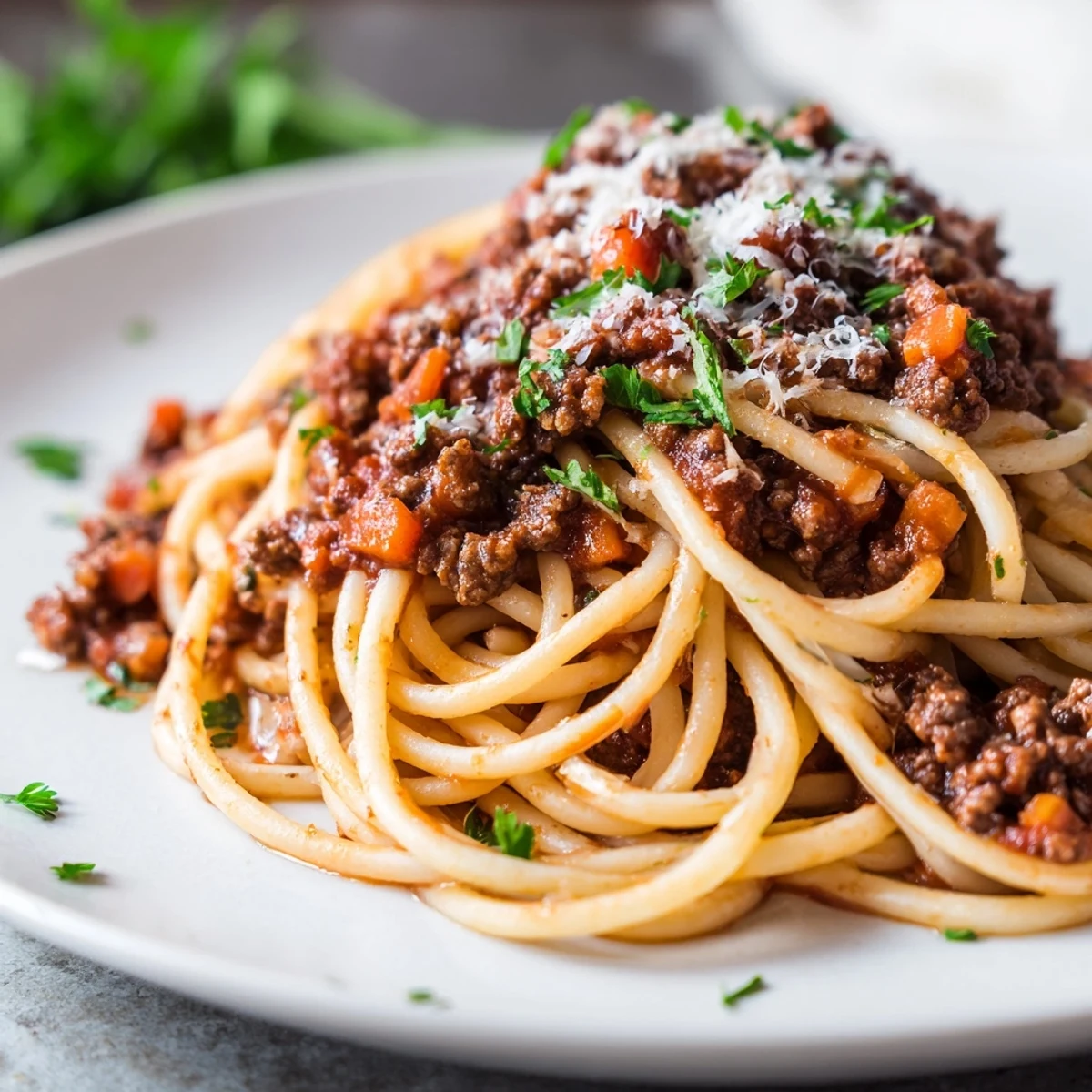 This rustic Beef Bolognese with Spaghetti features a hearty red meat sauce layered over pasta, with a glass of red wine nearby.
