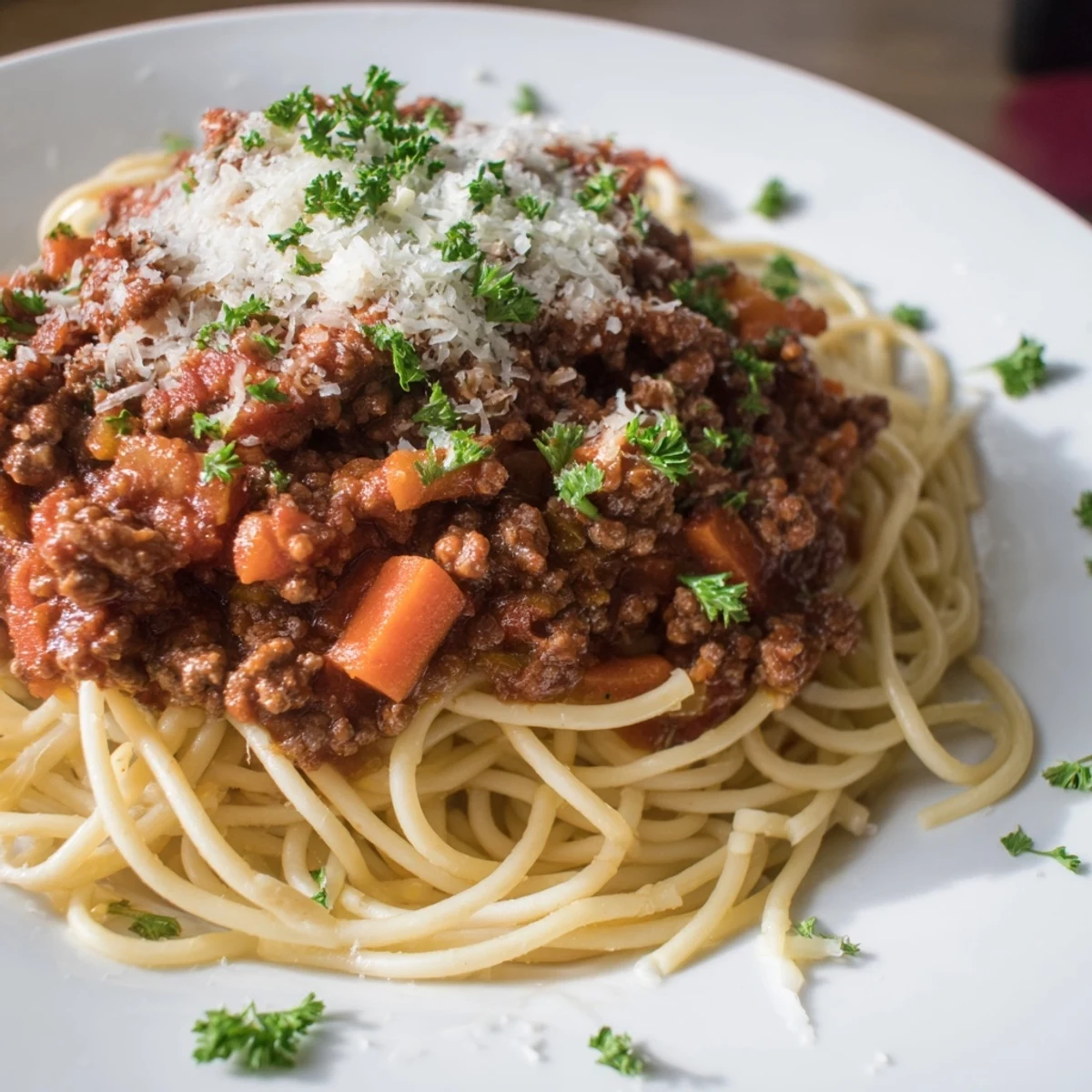 In a white bowl, Beef Bolognese with Spaghetti is served steaming hot, garnished with fresh basil and grated Parmesan cheese.