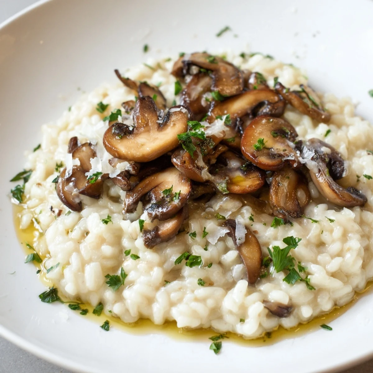 Creamy mushroom risotto with truffle oil garnished with parsley in a shallow bowl.