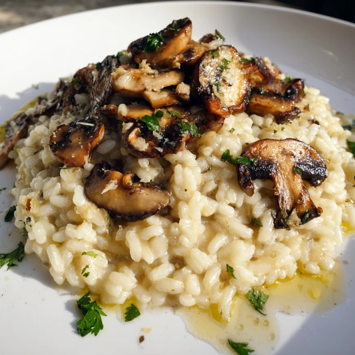 Earthy mushroom risotto drizzled with truffle oil served alongside a glass of Pinot Grigio.
