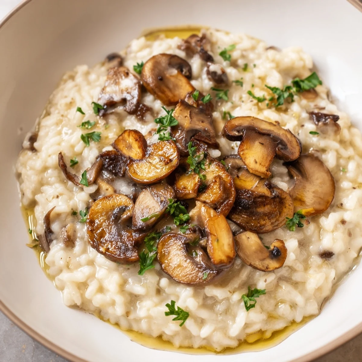 Creamy mushroom risotto plated with extra Parmesan and fresh herbs for a cozy dinner.