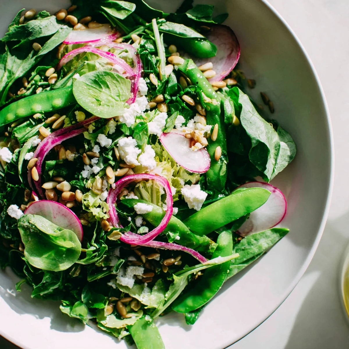 Vibrant Spring Greens Salad with Lemon Vinaigrette topped with sunflower seeds and feta on a white plate.