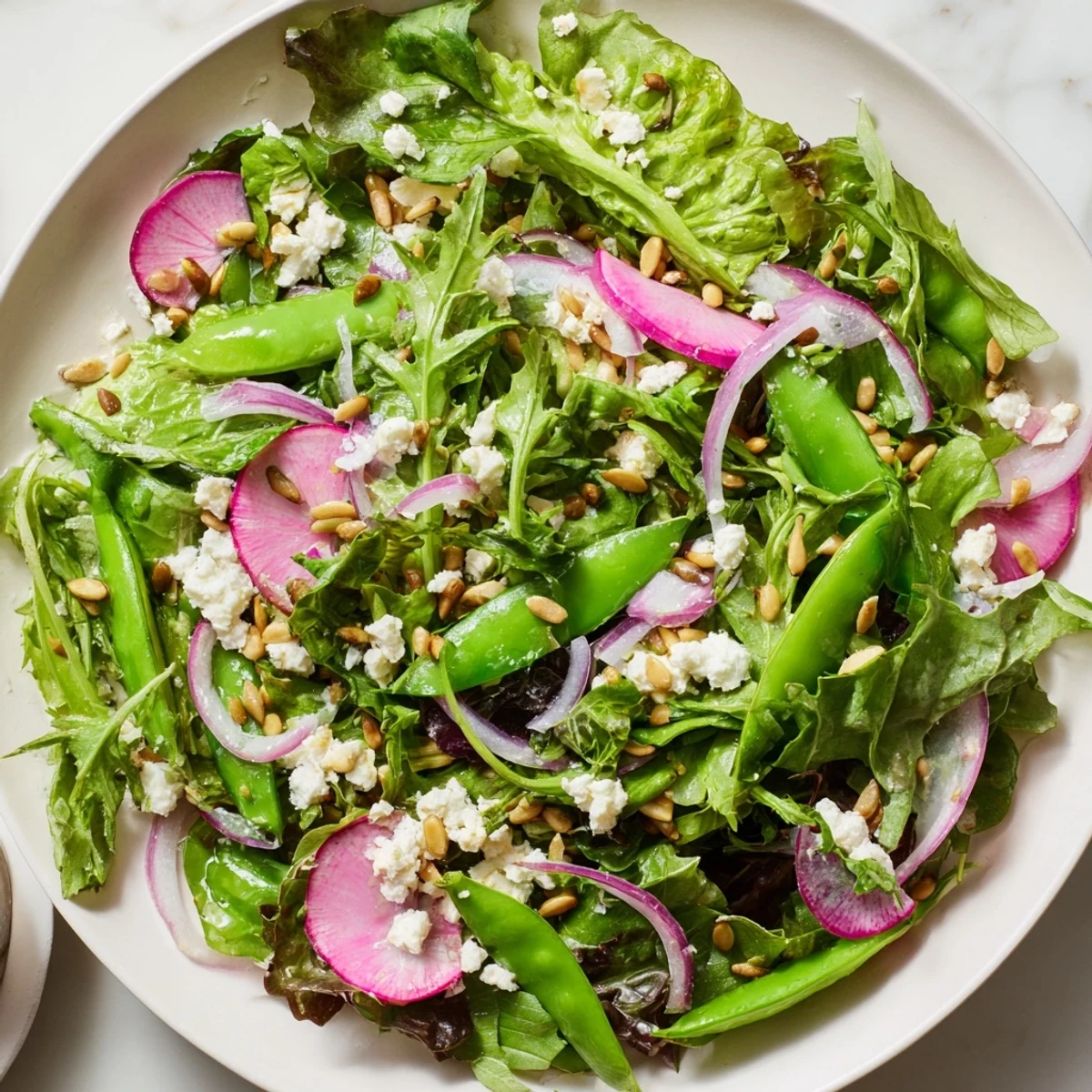 A close-up of Spring Greens Salad with Lemon Vinaigrette featuring crisp radishes and snap peas in natural light.
