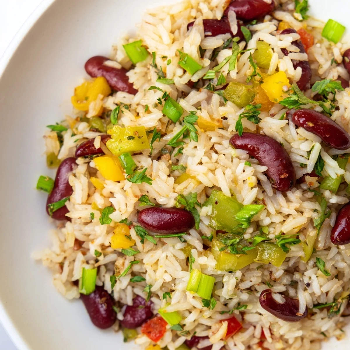 Festive Mardi Gras Rice and Beans steaming in a pot, with colorful bell peppers and green onions garnish.
