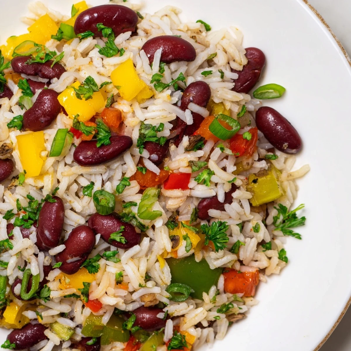 A close-up of Mardi Gras Rice and Beans, showcasing tender red kidney beans and fluffy seasoned rice.