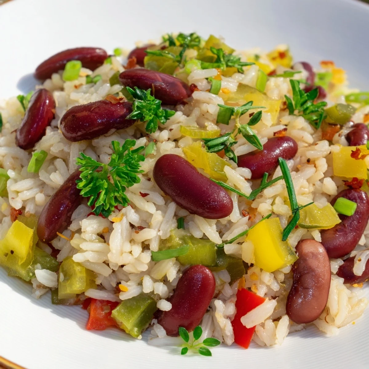 Serving suggestion for Mardi Gras Rice and Beans in a bowl, ready to be enjoyed with hot sauce.